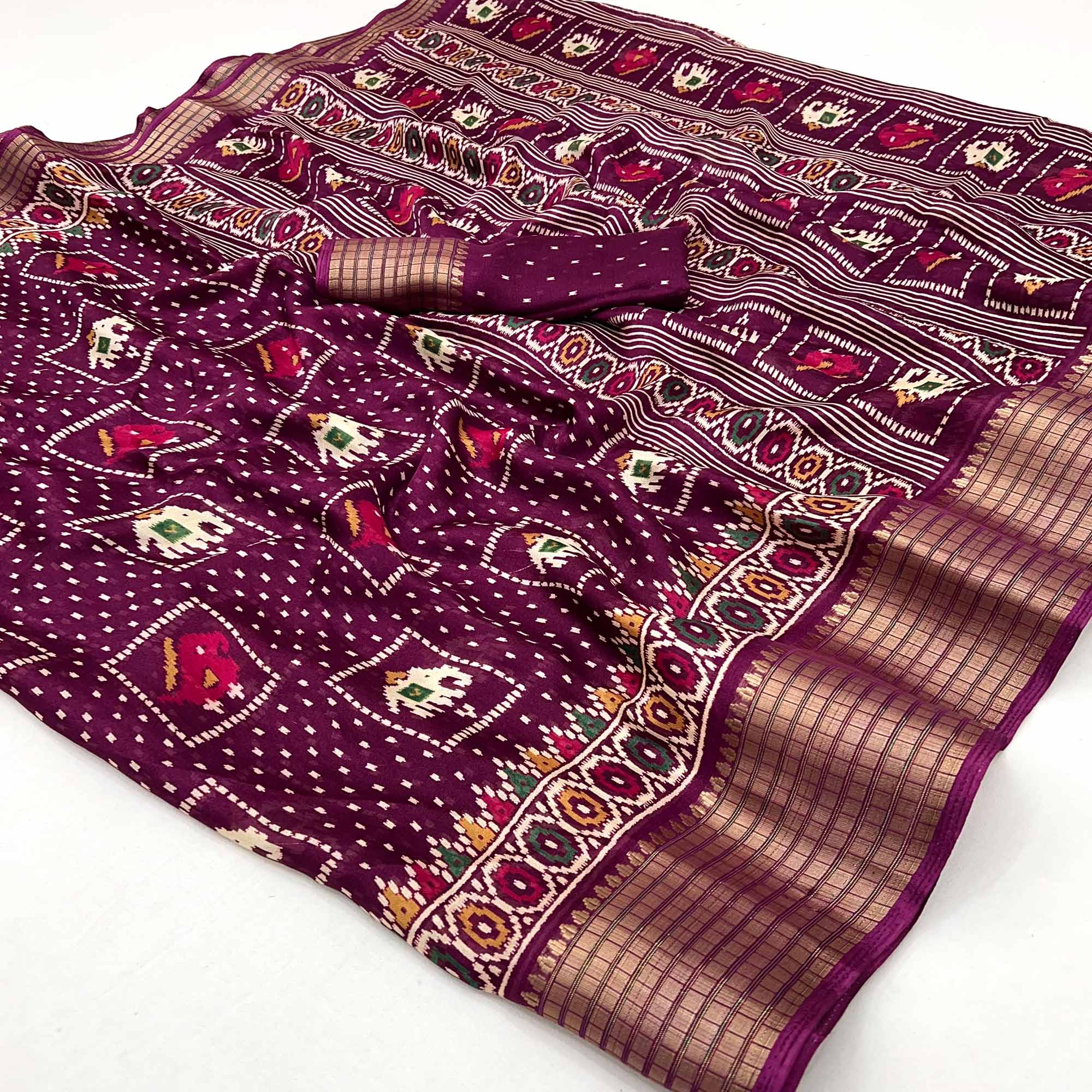 Wine Printed Georgette Saree With Woven Border