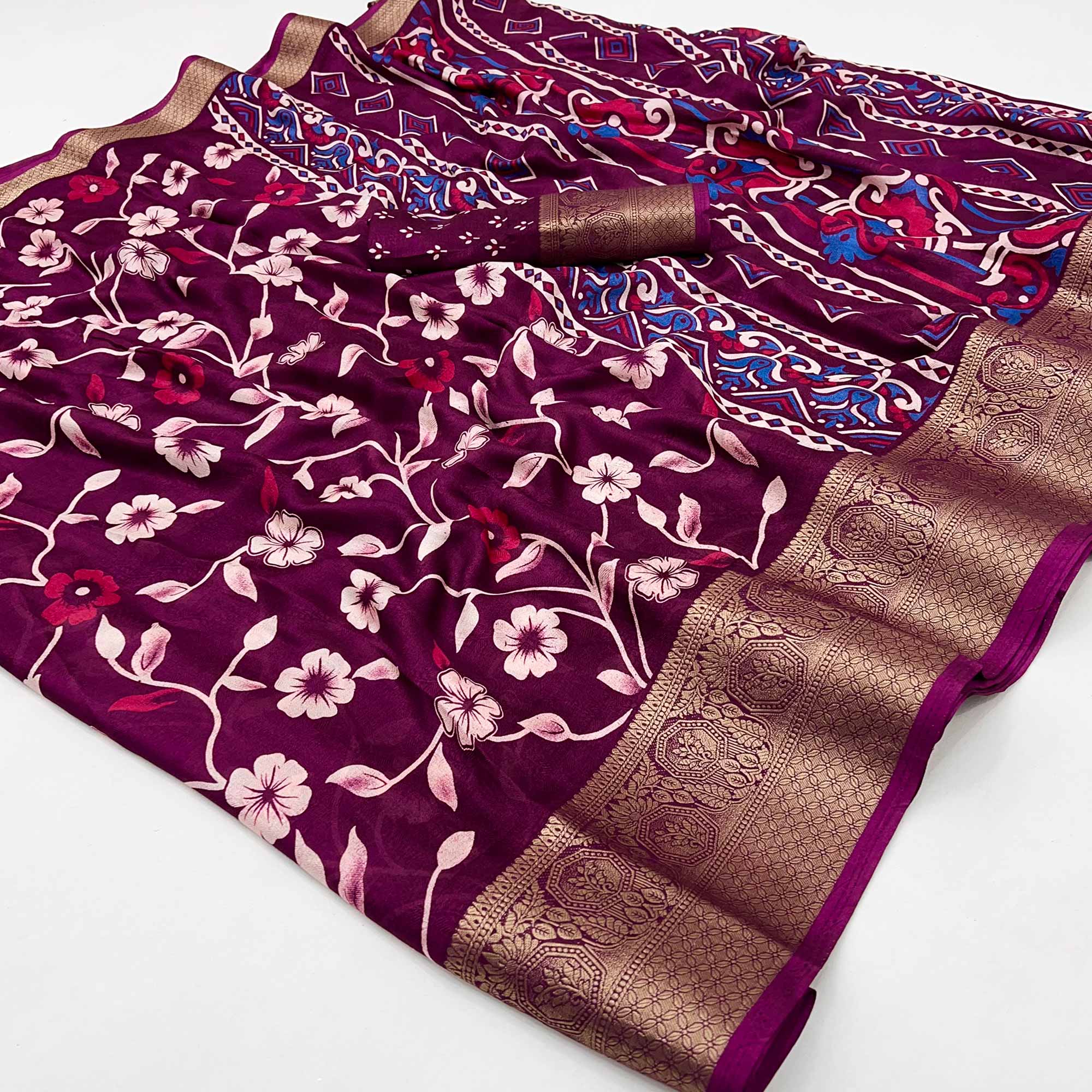 Wine Floral Printed Georgette Saree With Woven Border