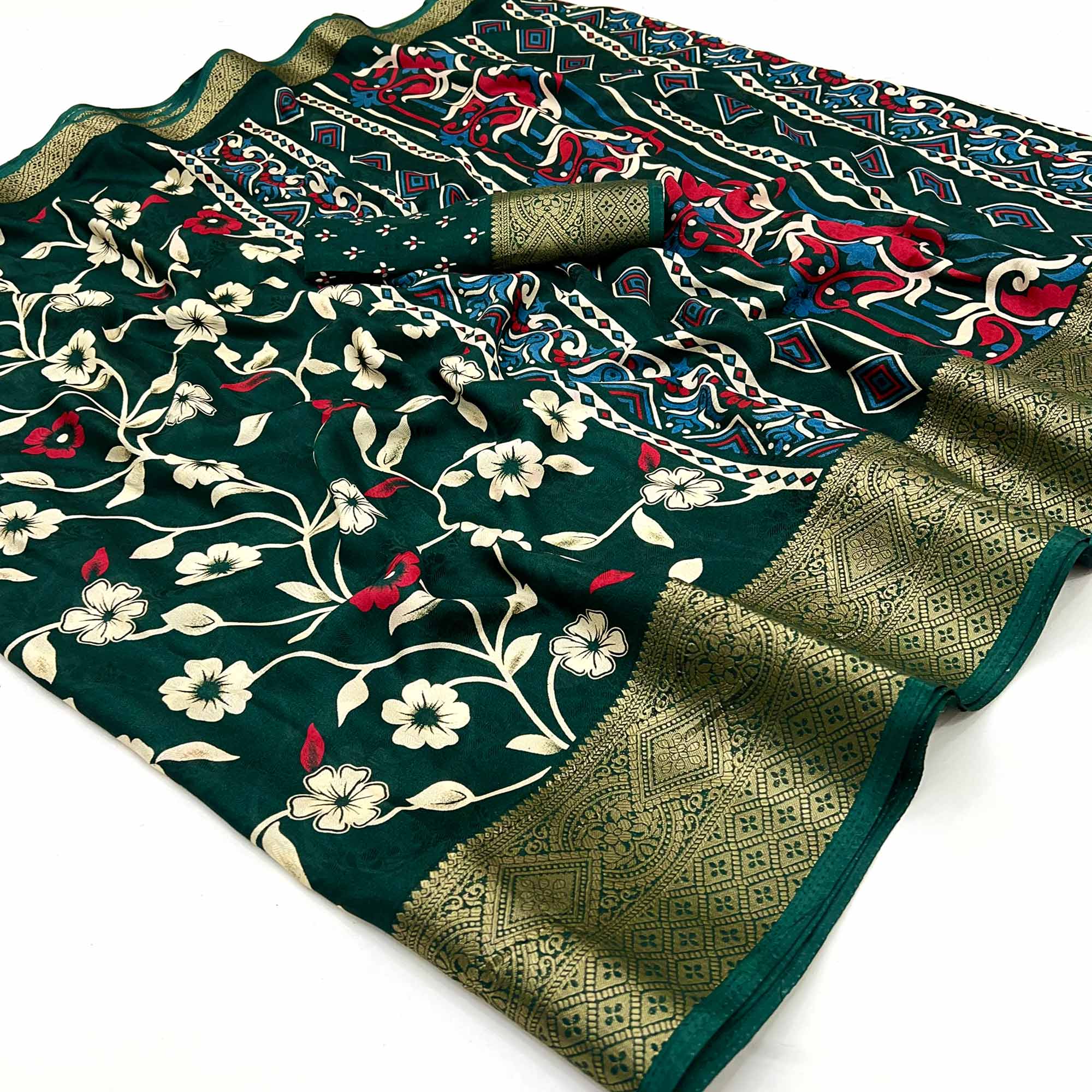 Green Floral Printed Georgette Saree With Woven Border