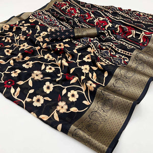 Black Floral Printed Georgette Saree With Woven Border