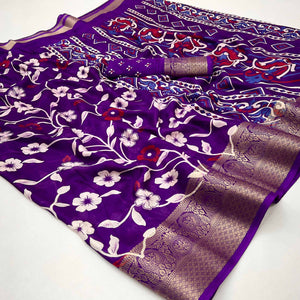 Purple Floral Printed Georgette Saree With Woven Border