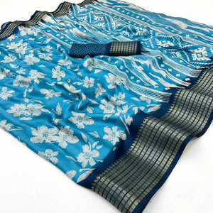 Blue Floral Printed Georgette Saree With Woven Border