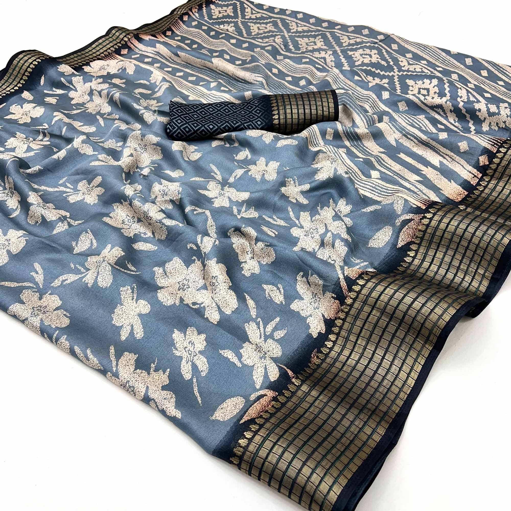 Grey Floral Printed Georgette Saree With Woven Border