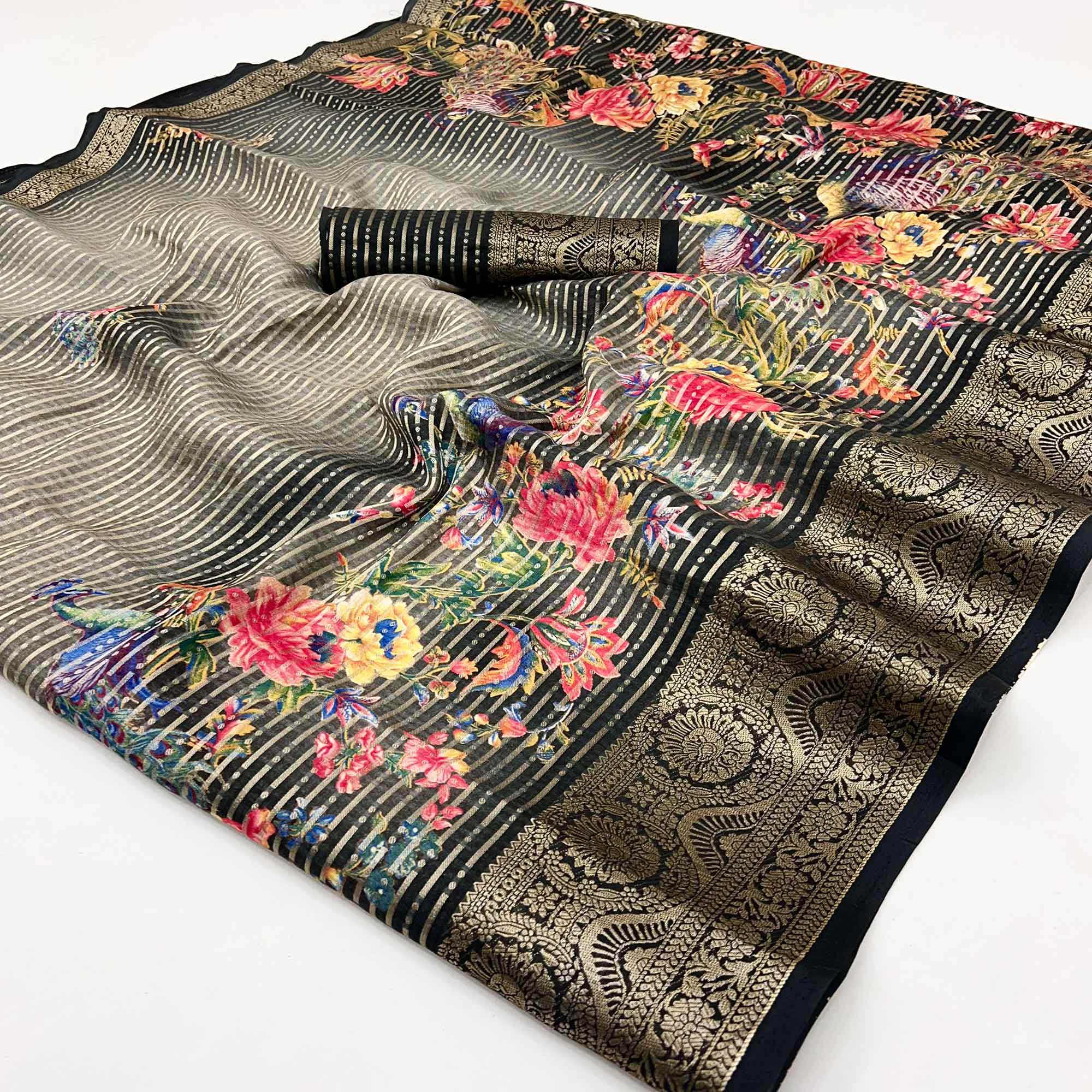 Black & Brown Floral Woven With Printed Georgette Saree