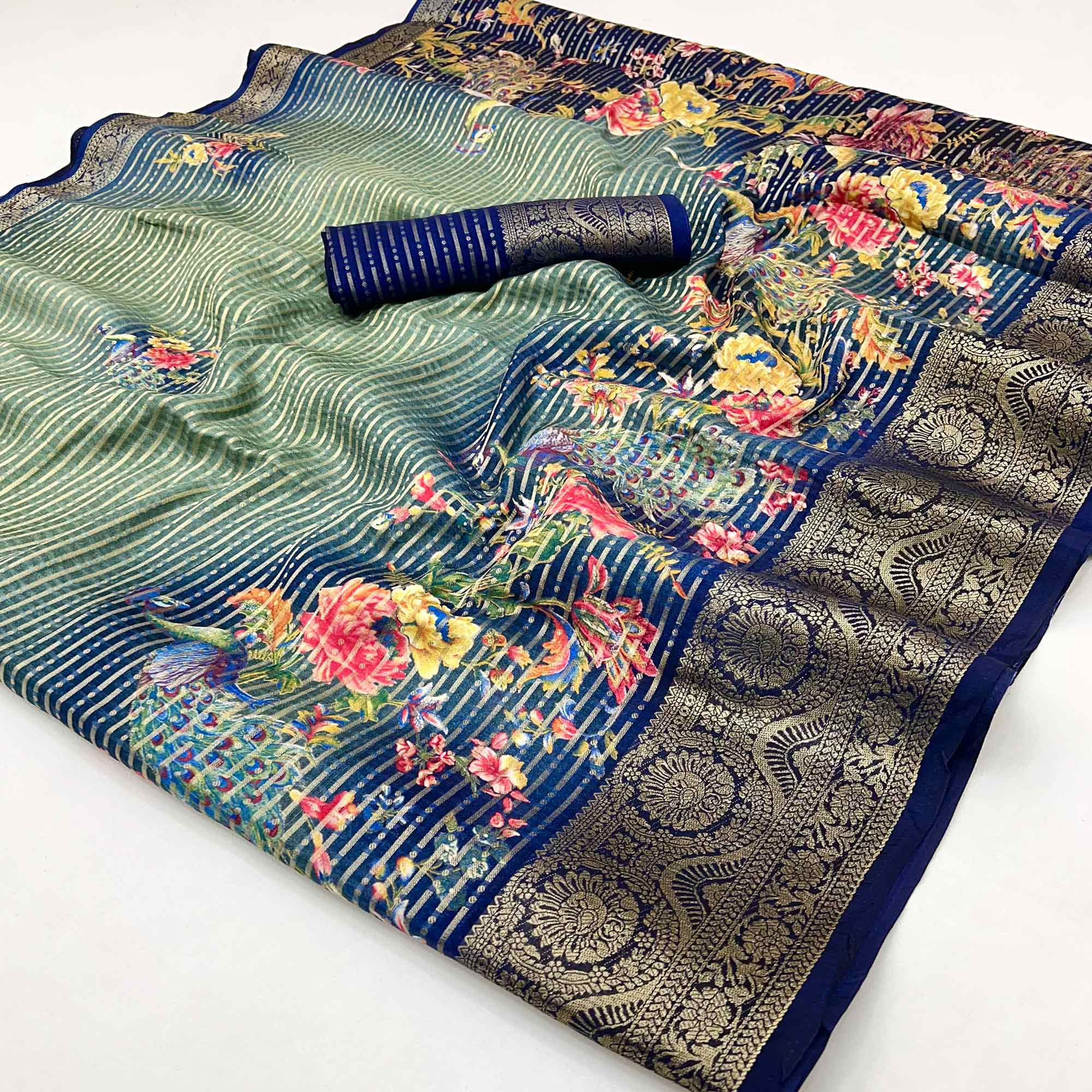 Blue & Green Floral Woven With Printed Georgette Saree