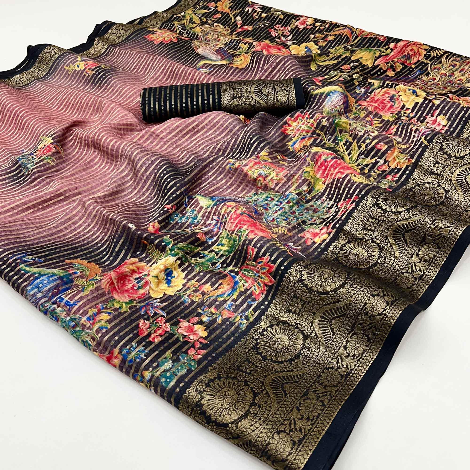 Black & Peach Floral Woven With Printed Georgette Saree