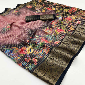 Black & Peach Floral Woven With Printed Georgette Saree