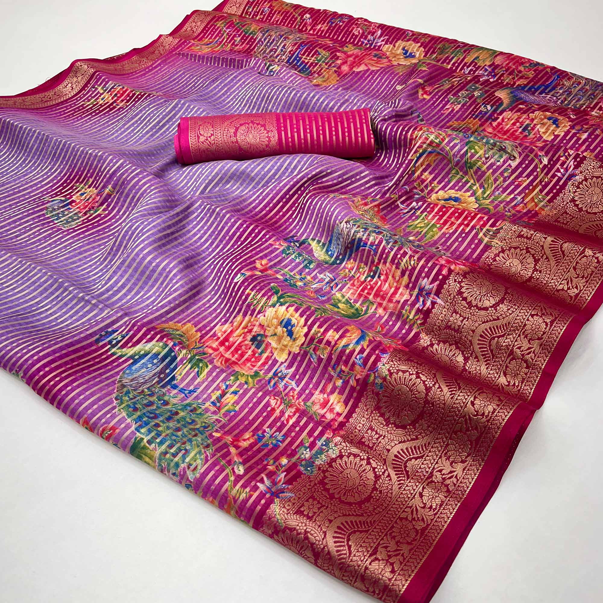 Pink & Lavender Floral Woven With Printed Georgette Saree