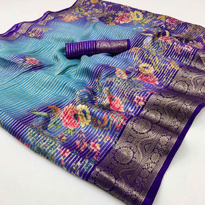 Violet & Blue Floral Woven With Printed Georgette Saree