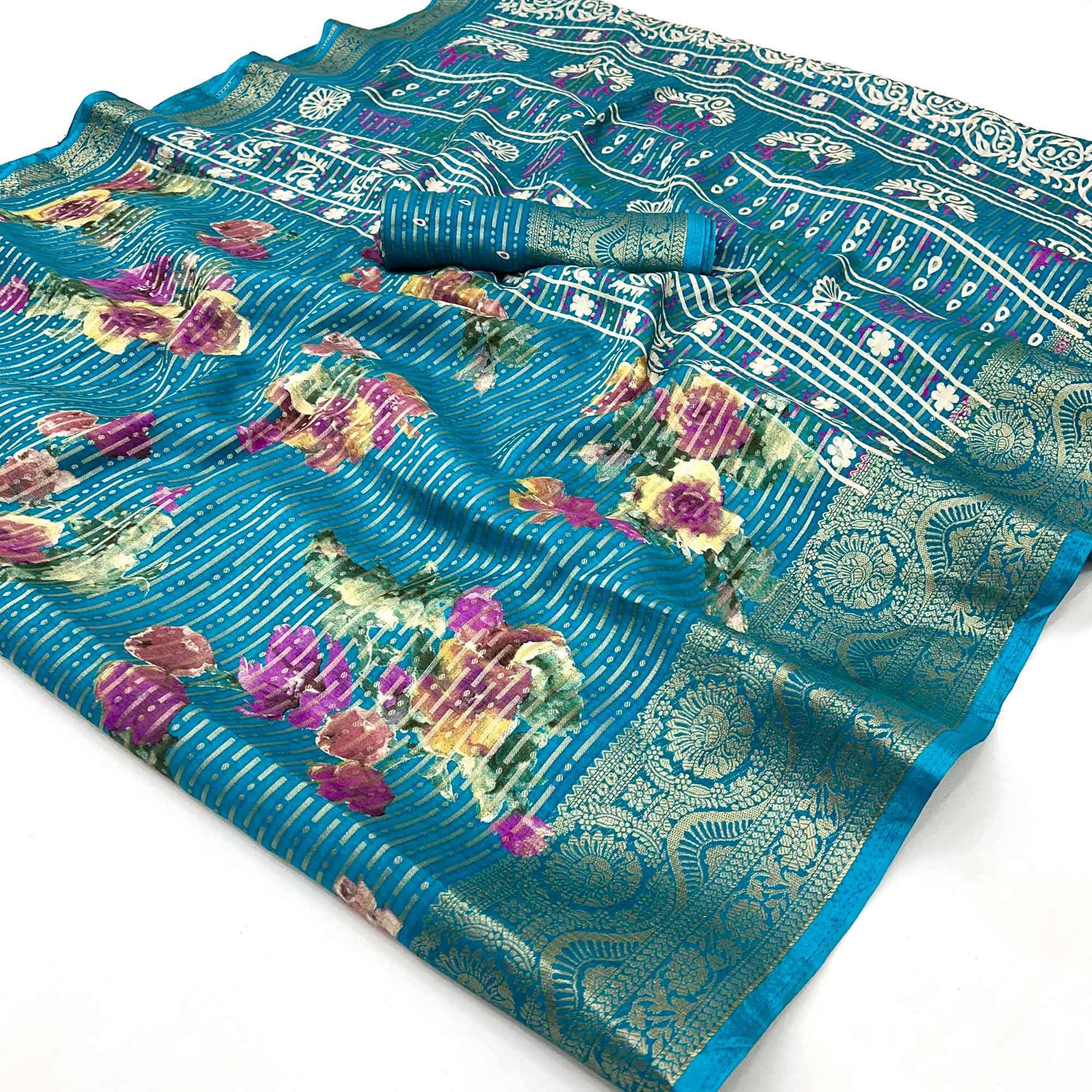 Blue Floral Woven With Printed Georgette Saree