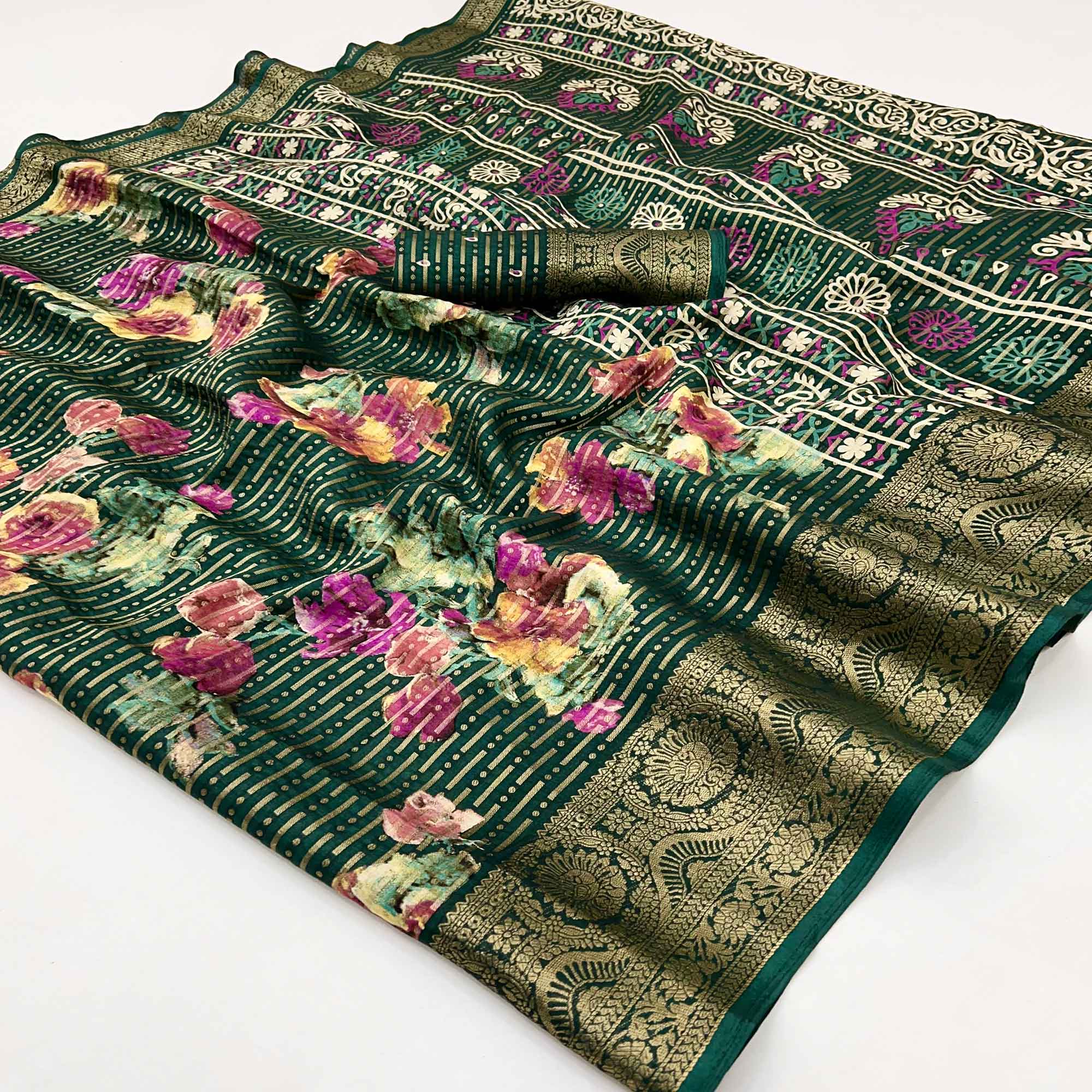 Green Floral Woven With Printed Georgette Saree