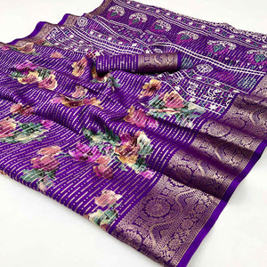Purple Floral Woven With Printed Georgette Saree