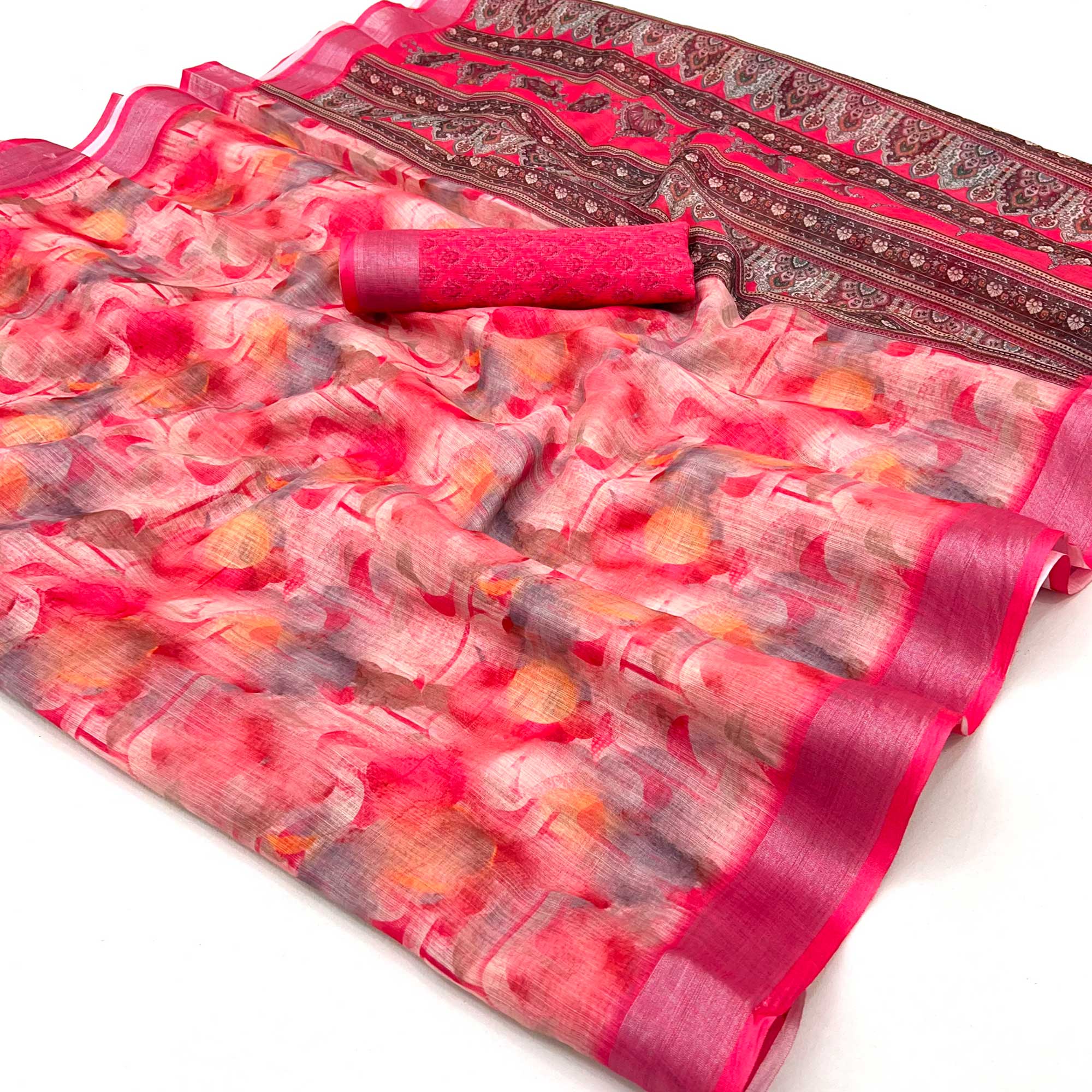 Pink Digital Printed Linen Saree With Woven Border