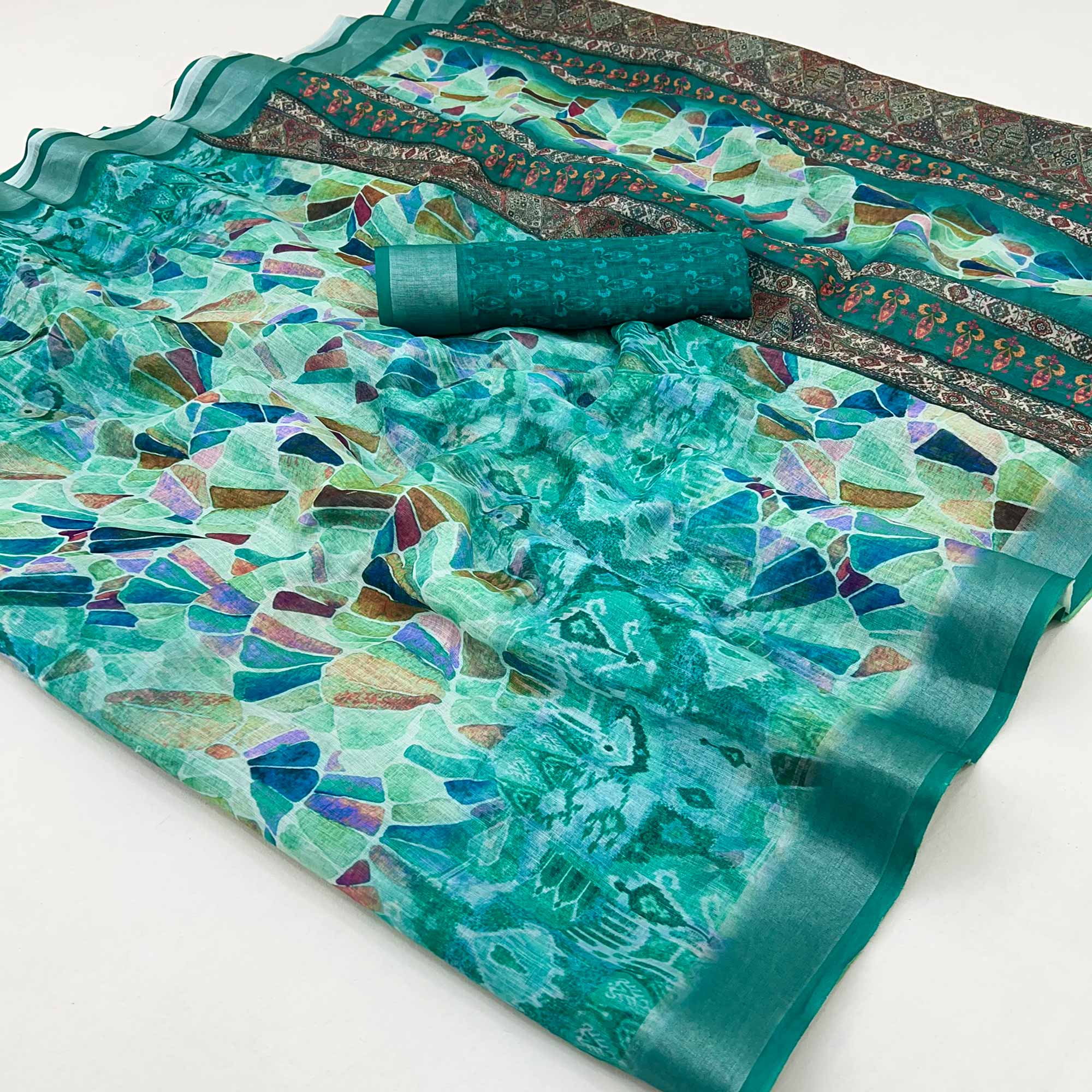 Teal Digital Printed Linen Saree With Woven Border