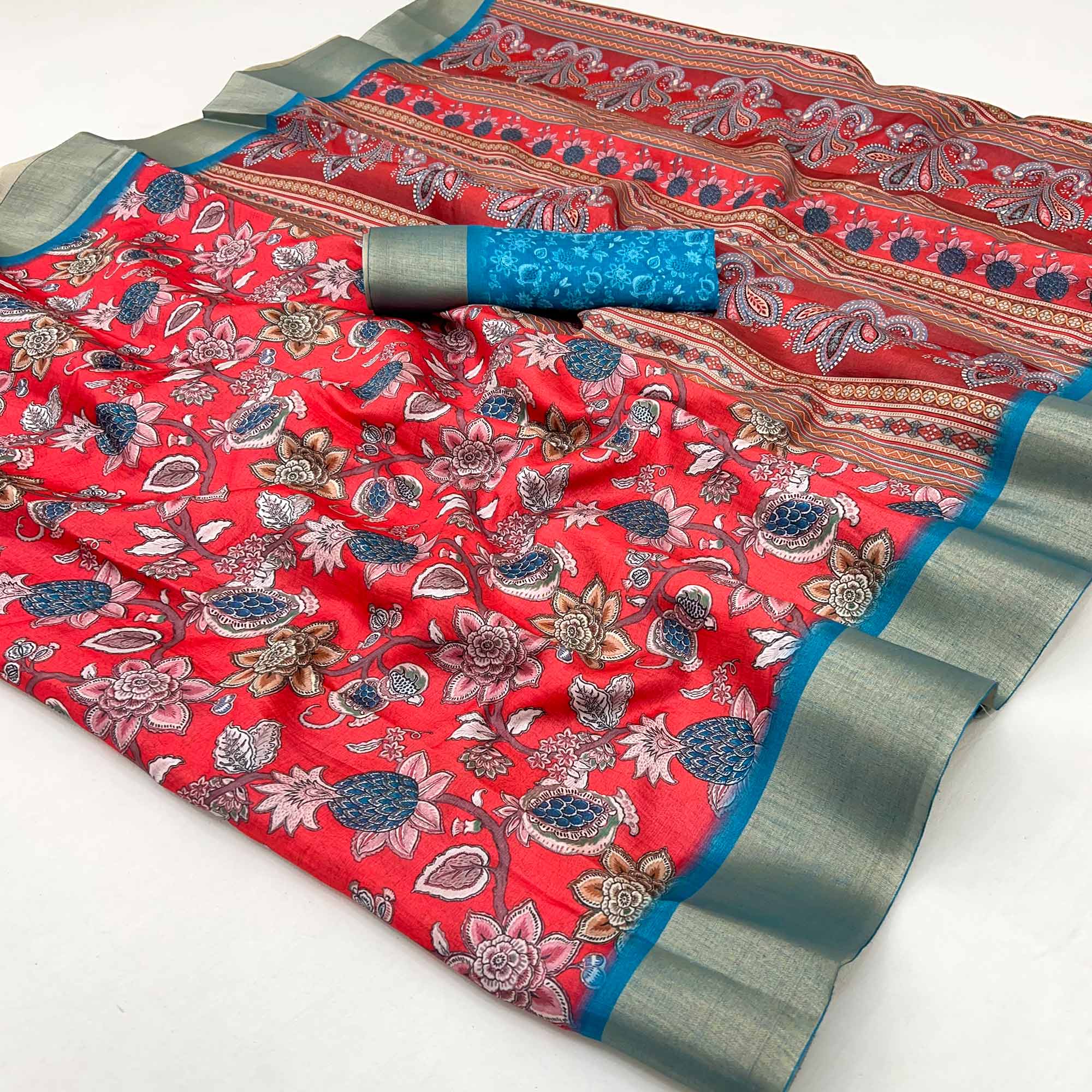 Red Floral Printed Cotton Silk Saree With Woven Border