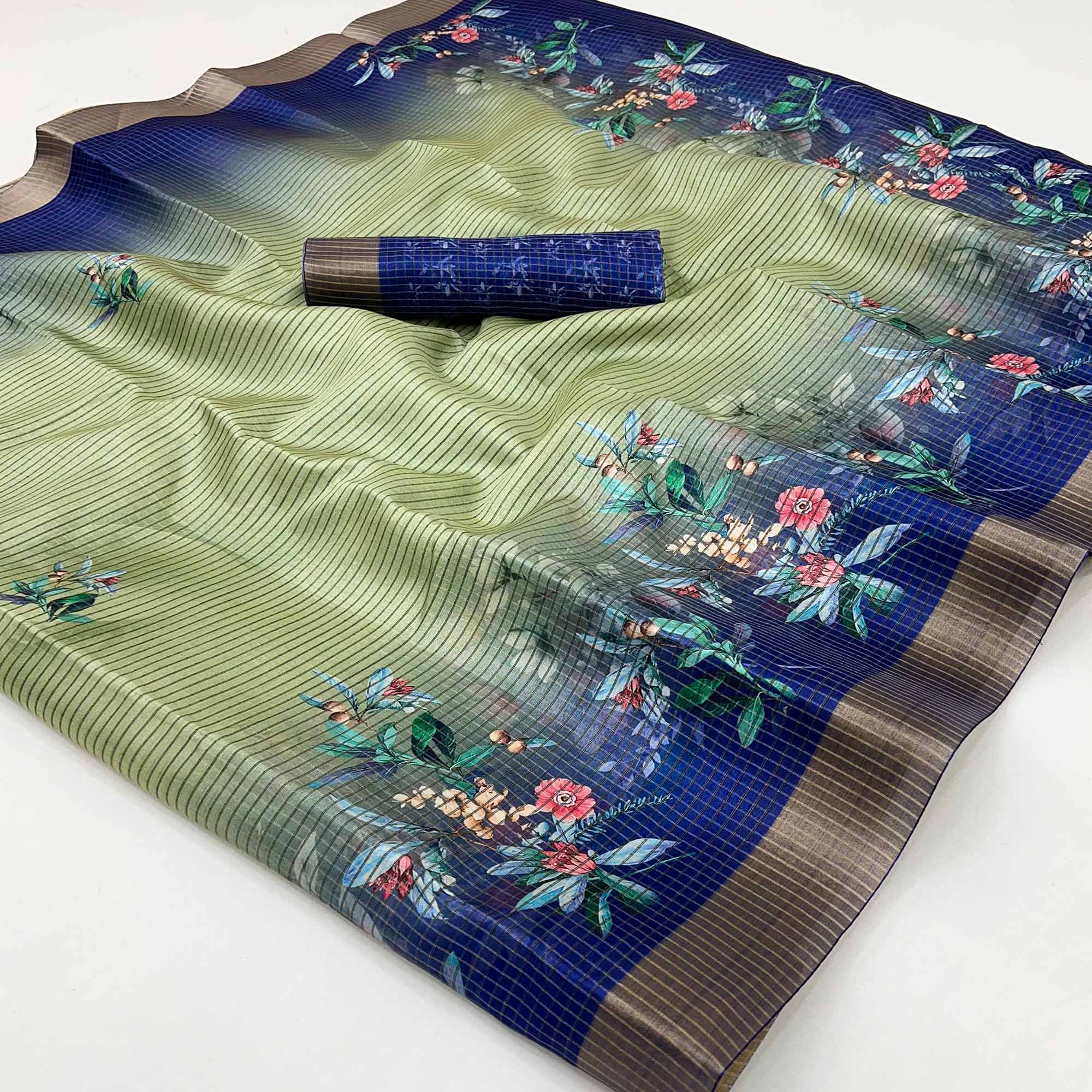 Green & Blue Striped & Floral Printed Cotton Silk Saree With Woven Border