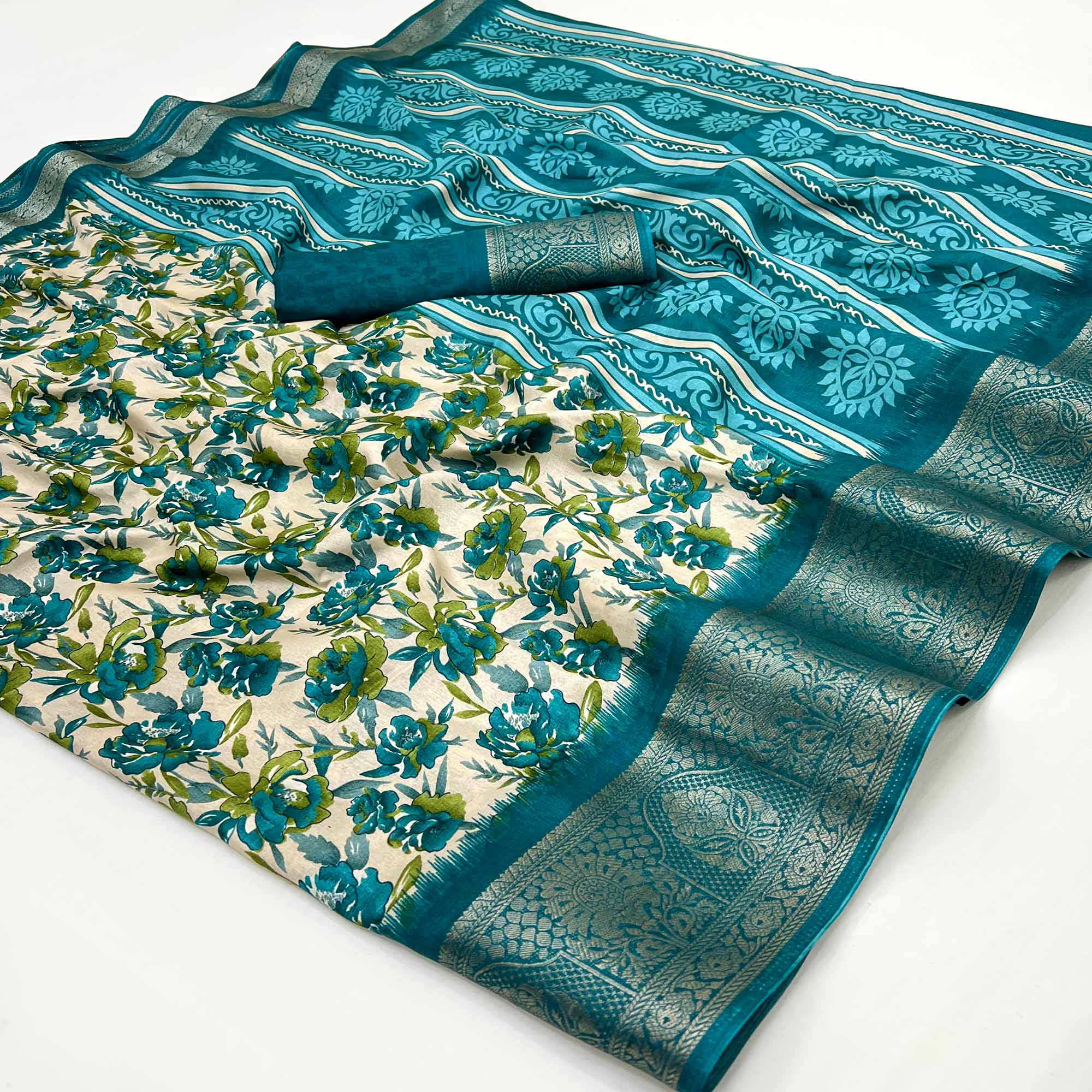 Festive Teal Floral Print Saree in Soft Silk with Contrast Jacquard Edging
