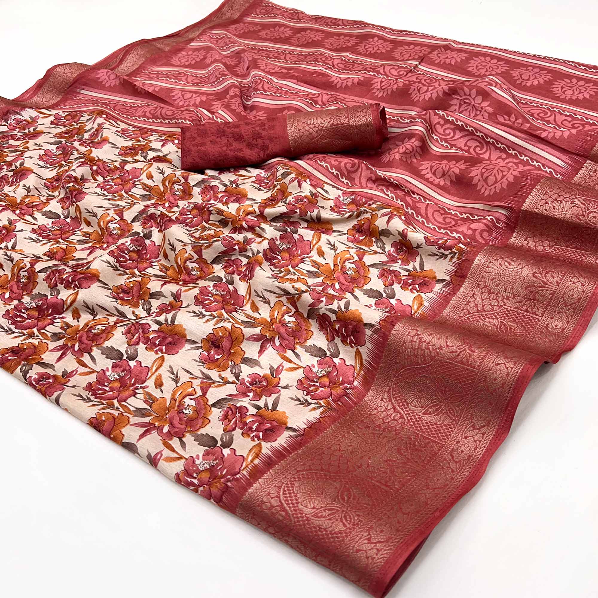Festive Red Floral Print Saree in Soft Silk with Contrast Jacquard Edging