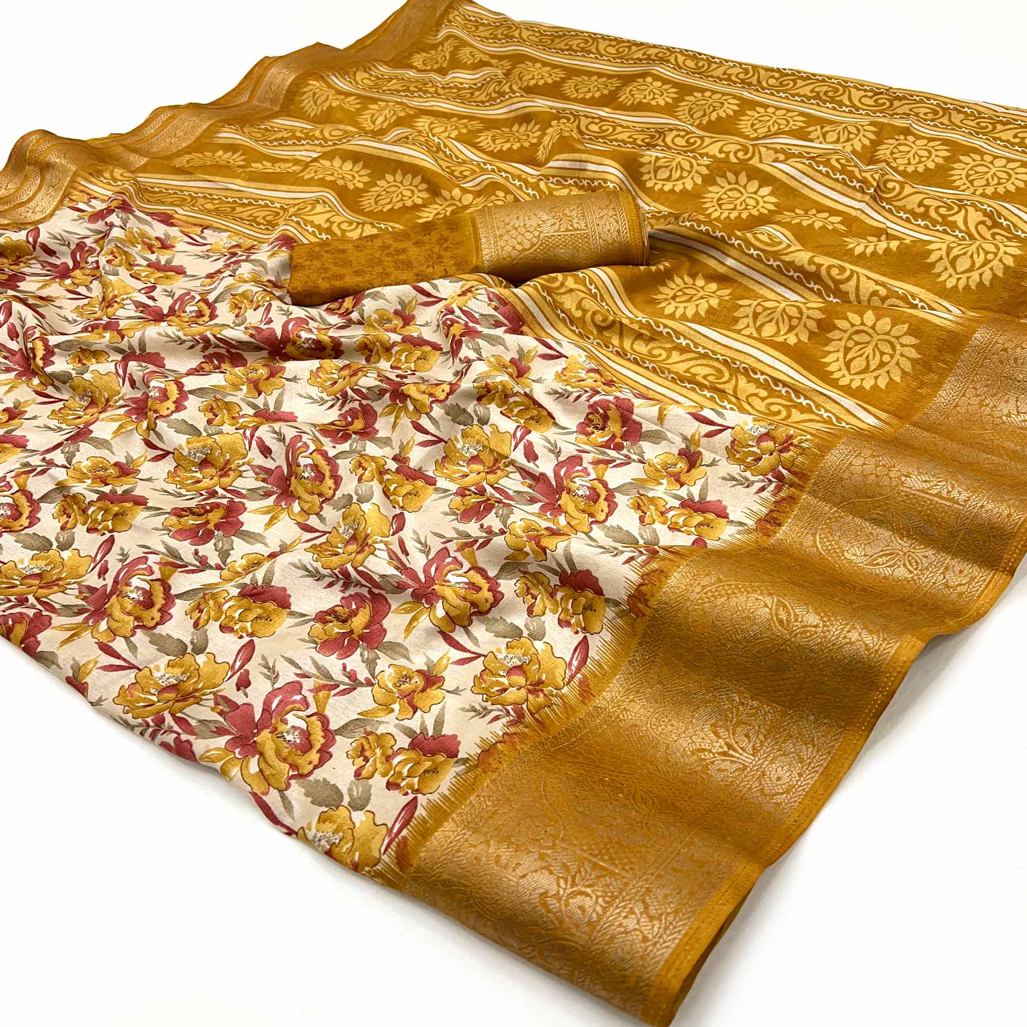 Festive Mustard Floral Print Saree in Soft Silk with Contrast Jacquard Edging