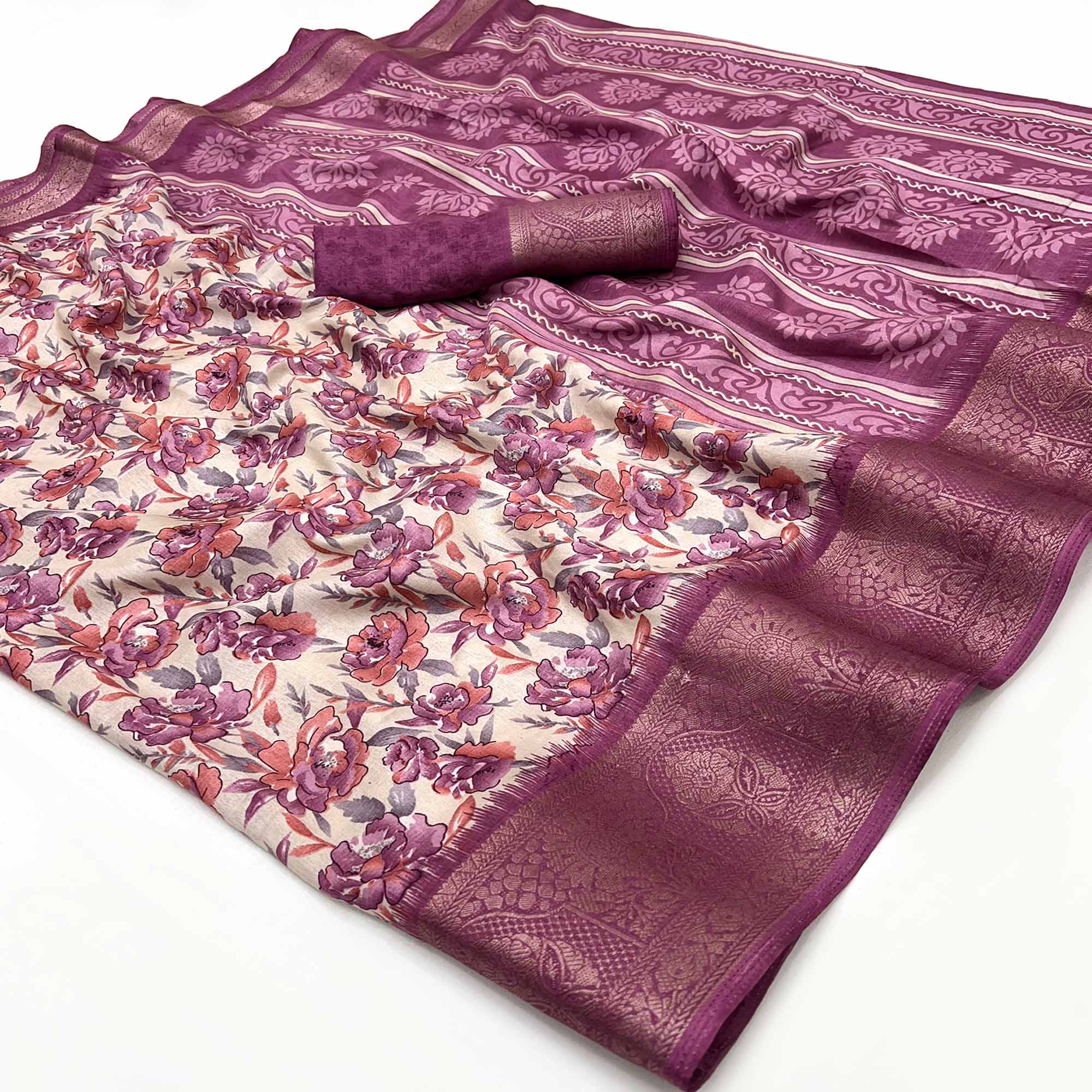 Festive Wine Floral Print Saree in Soft Silk with Contrast Jacquard Edging