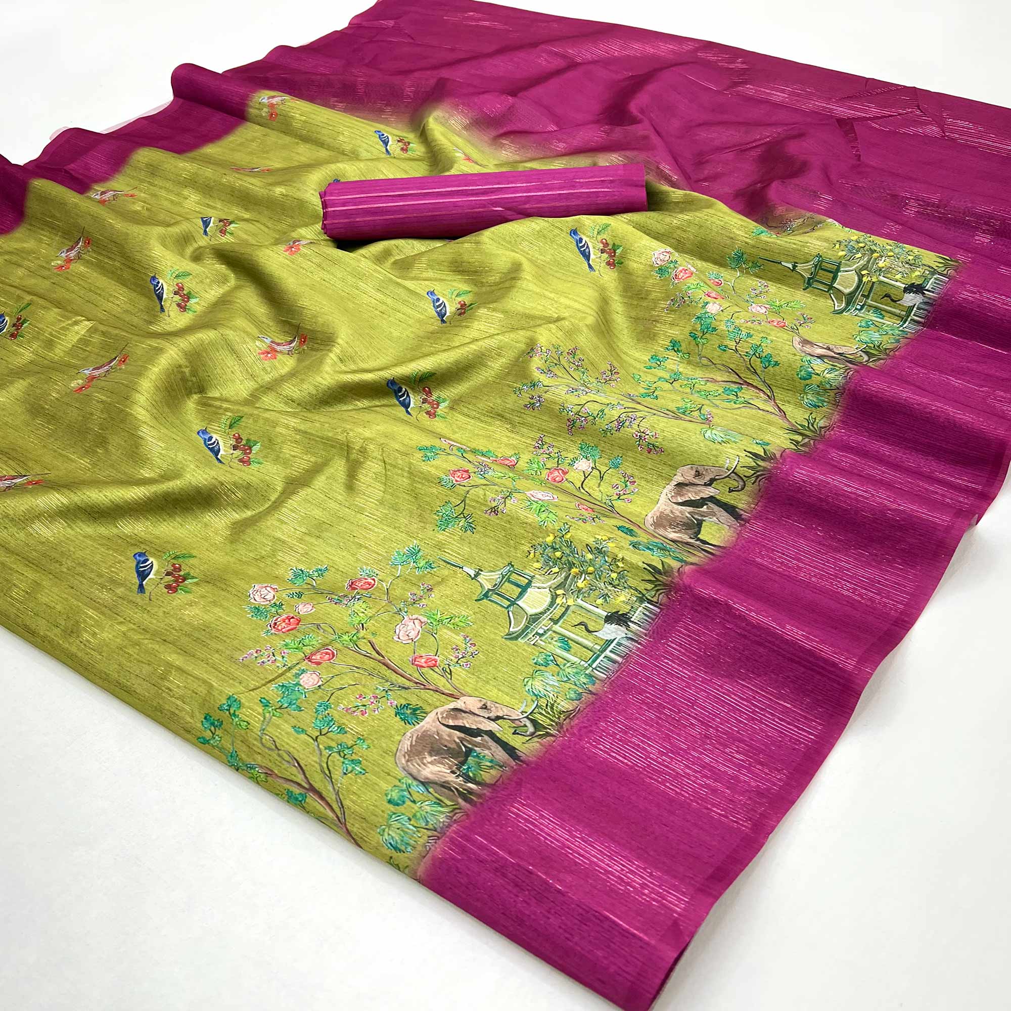 Art-Inspired Green Digital Print Saree in Soft Cotton Silk