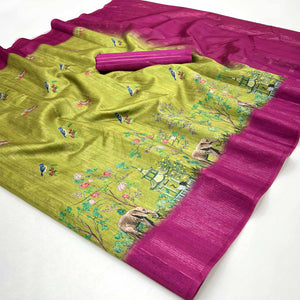 Art-Inspired Green Digital Print Saree in Soft Cotton Silk