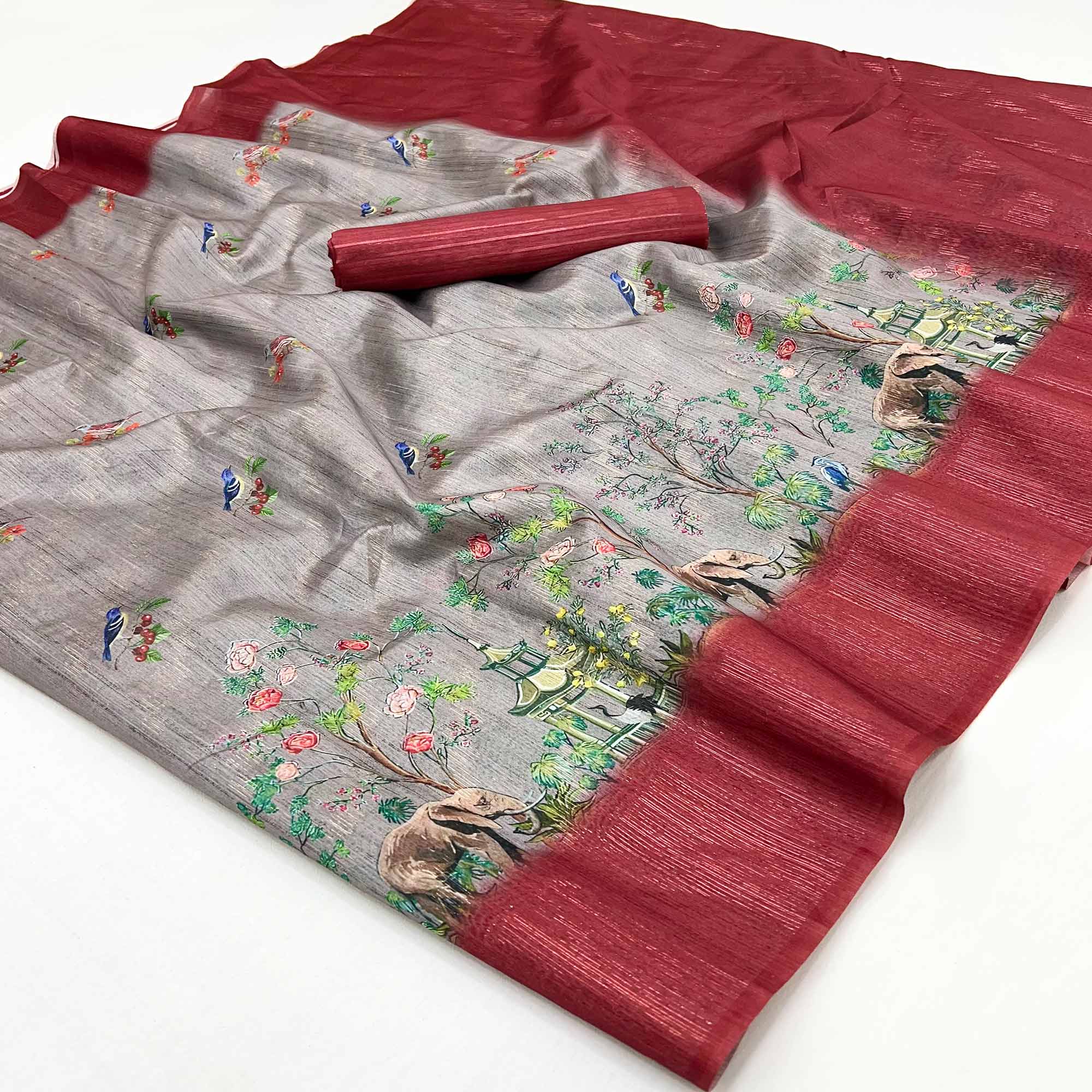 Art-Inspired Grey Digital Print Saree in Soft Cotton Silk