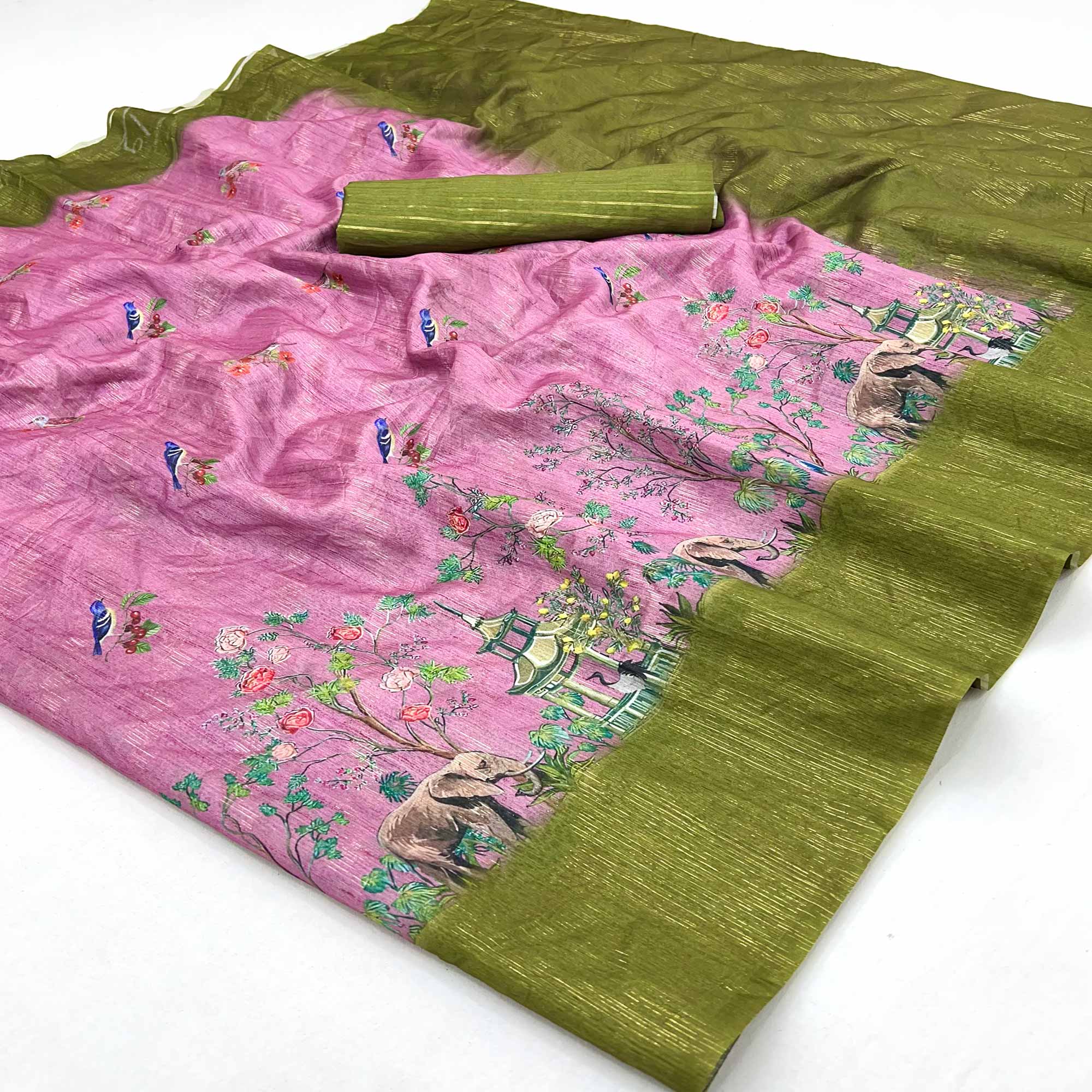 Art-Inspired Pink Digital Print Saree in Soft Cotton Silk