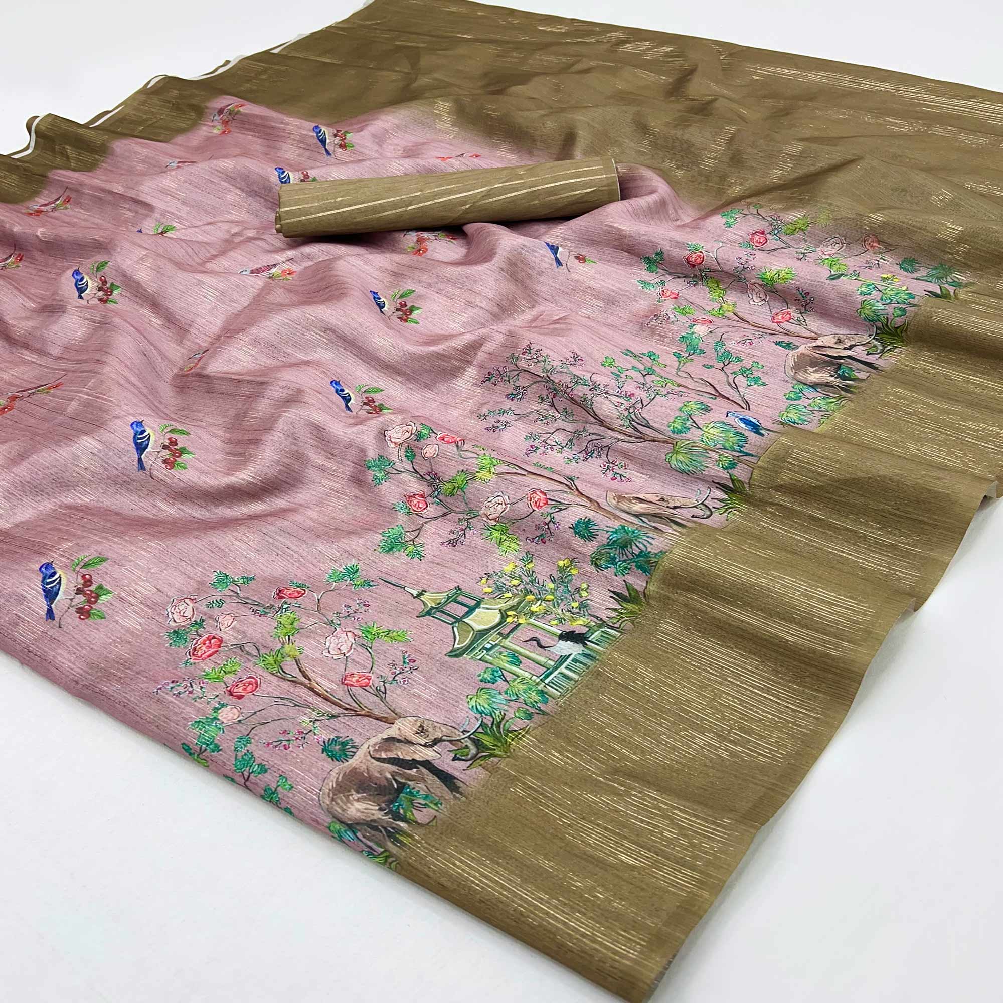 Art-Inspired Light Mauve Digital Print Saree in Soft Cotton Silk