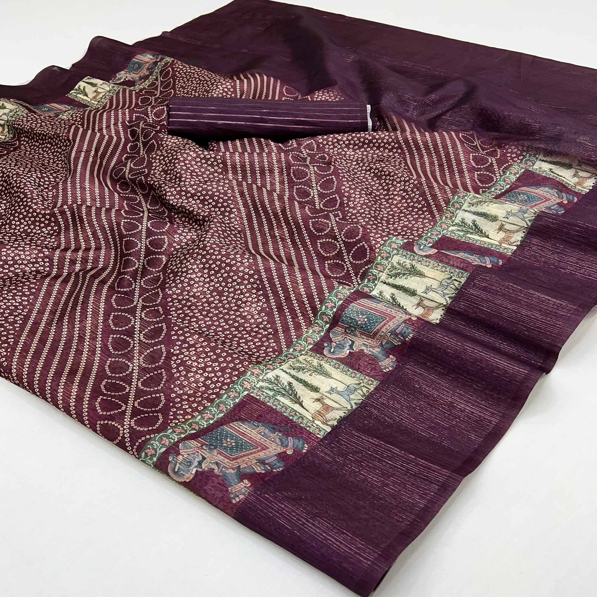 Wine Cotton Silk Saree with Digital Bandhani Print Design & Rich Woven Border