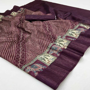 Wine Cotton Silk Saree with Digital Bandhani Print Design & Rich Woven Border