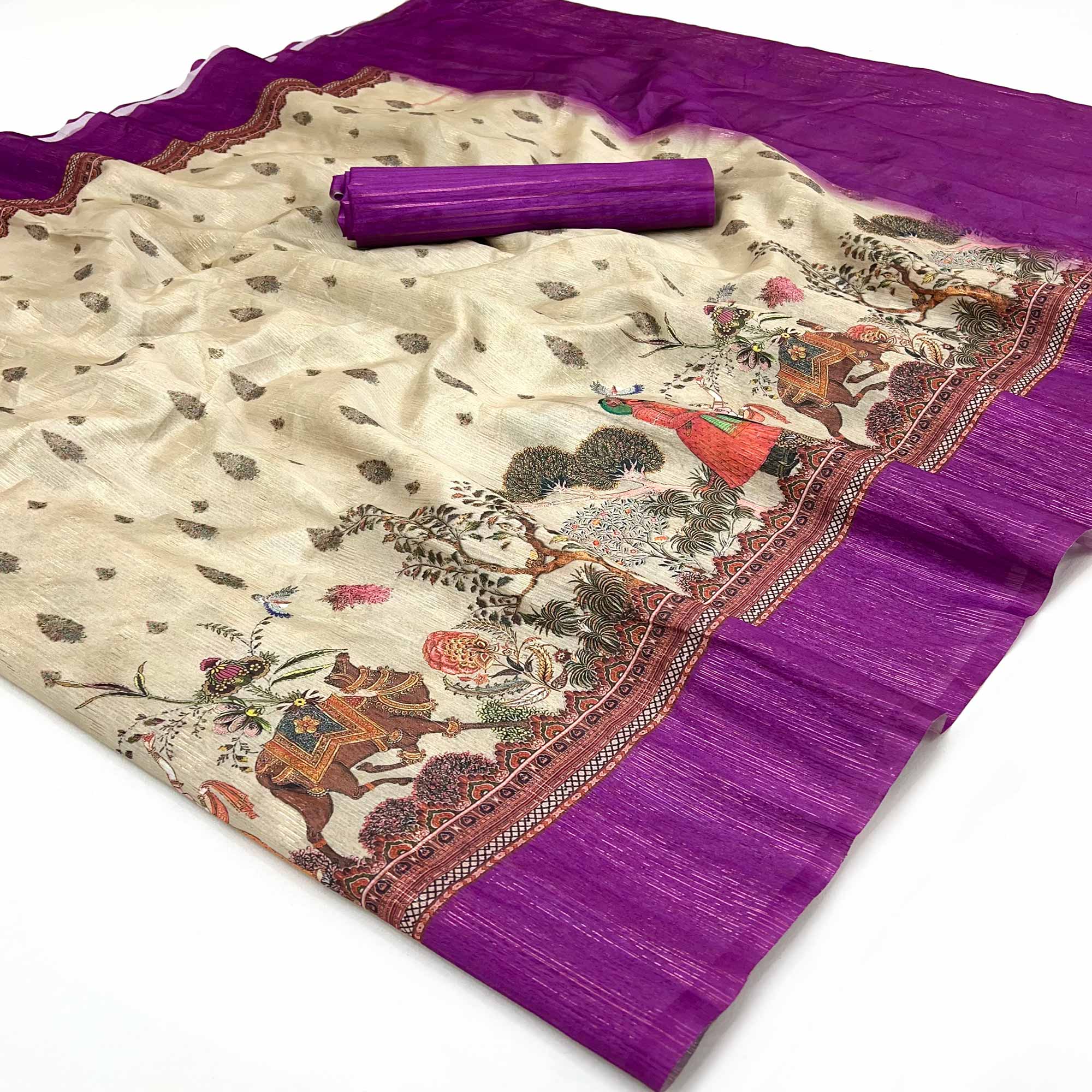 Off-White Digital Print Cotton Silk Saree with Purple Woven Border