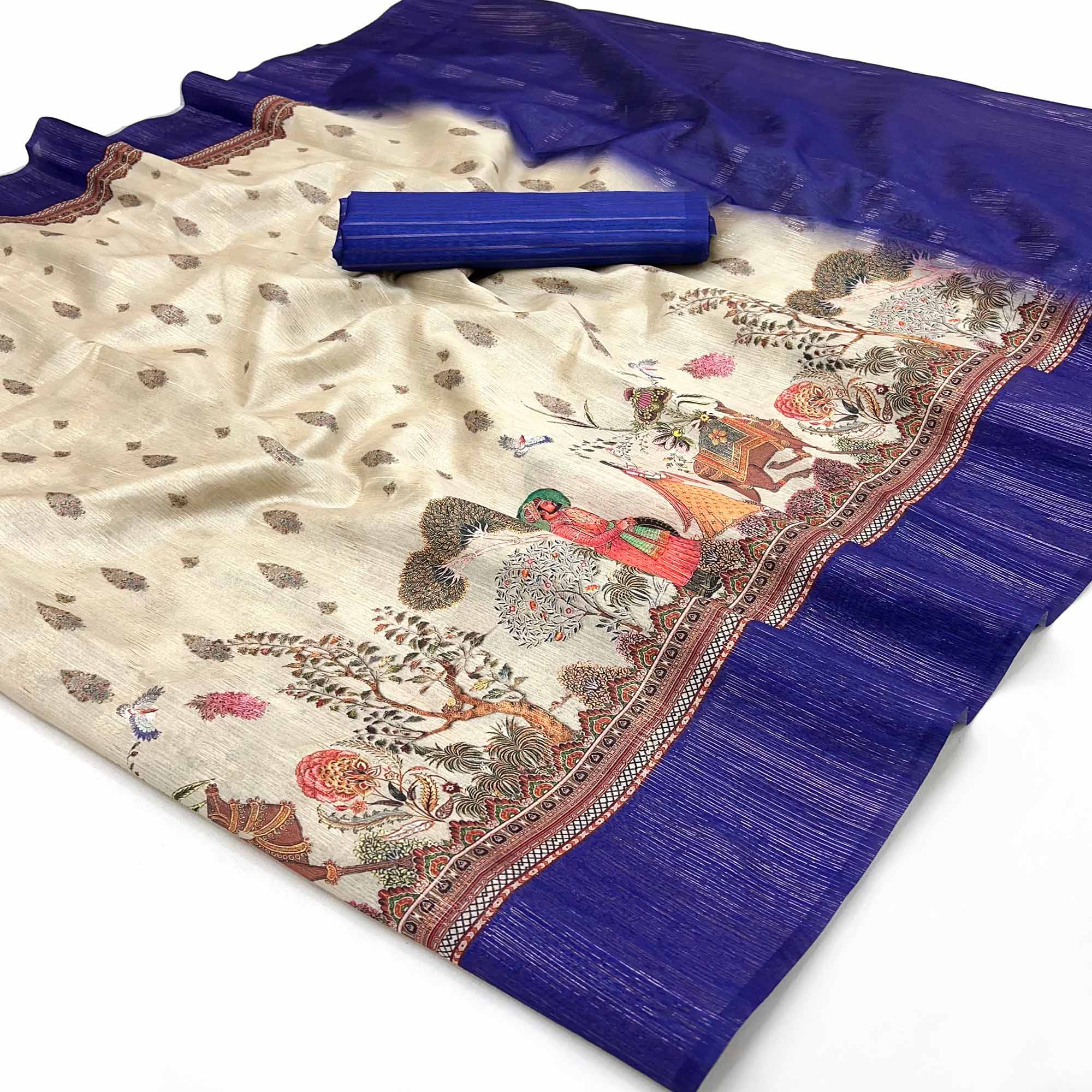Off-White Digital Print Cotton Silk Saree with Blue Woven Border