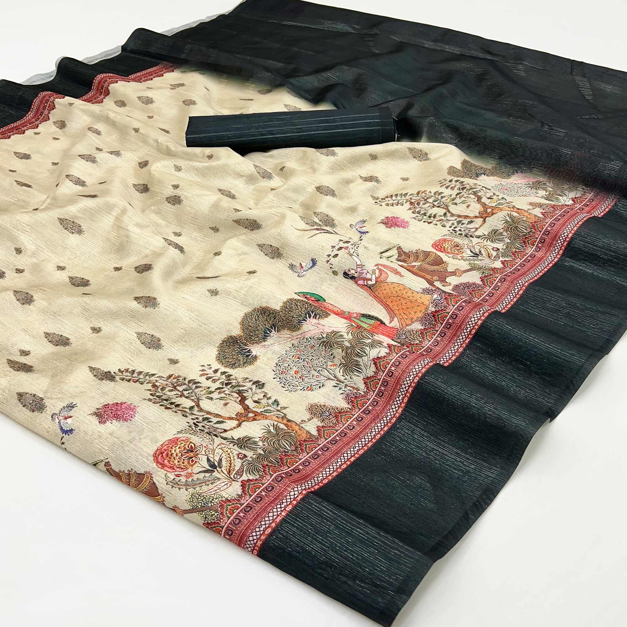 Off-White Digital Print Cotton Silk Saree with Black Woven Border