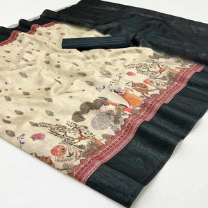 Off-White Digital Print Cotton Silk Saree with Black Woven Border