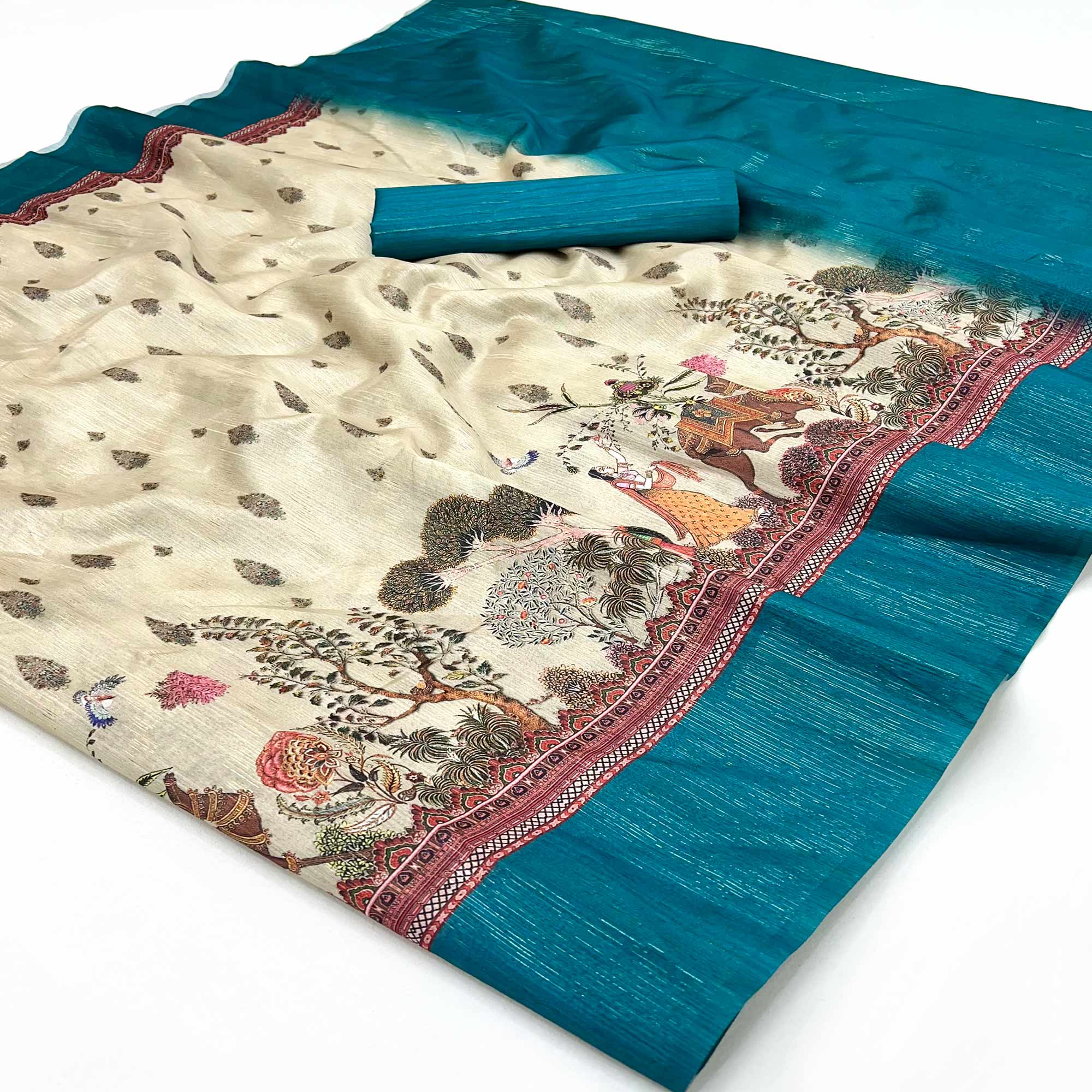 Off-White Digital Print Cotton Silk Saree with Turquoise Woven Border