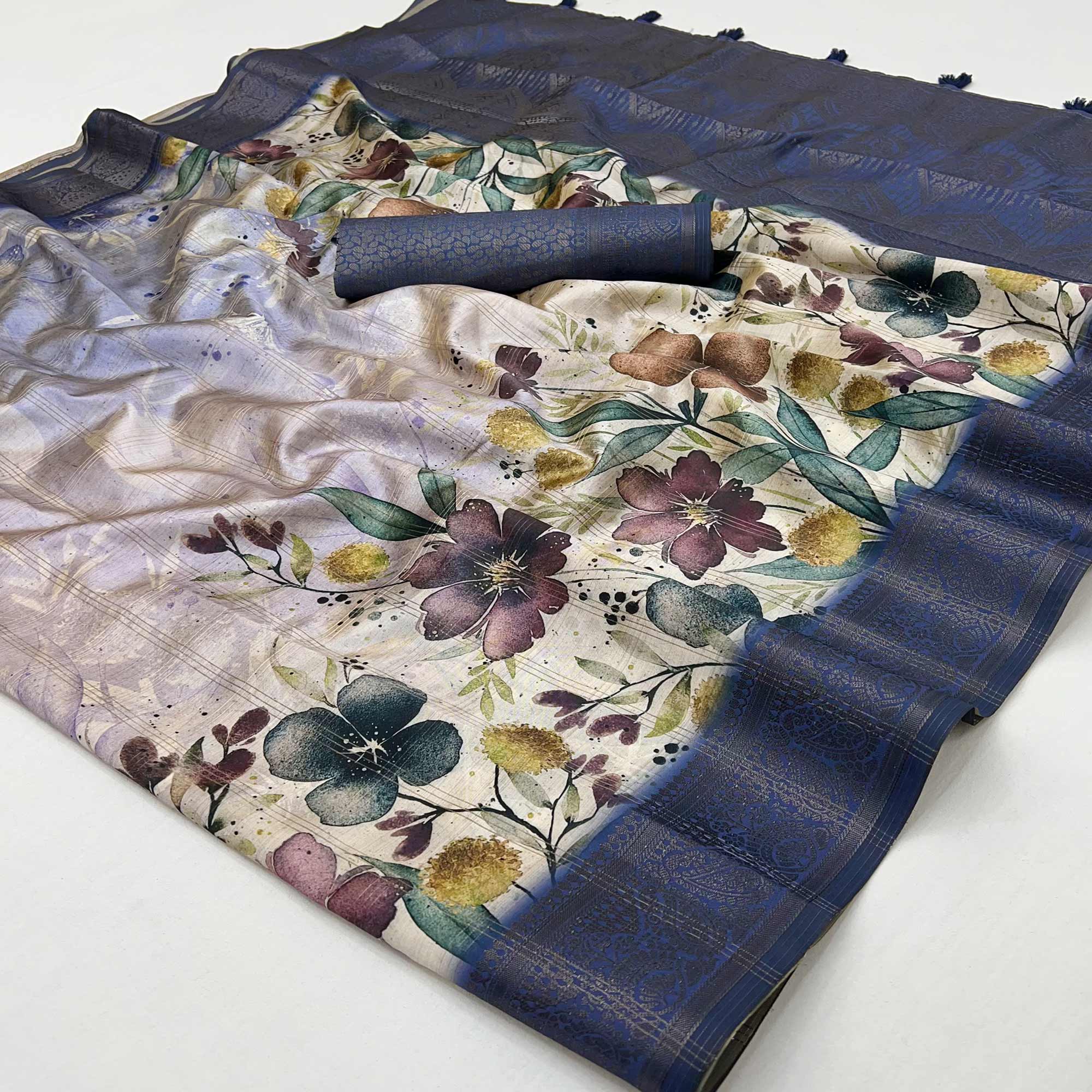 Stylish Cotton Silk Saree in Lavender with Digital Printed and Weaving Border