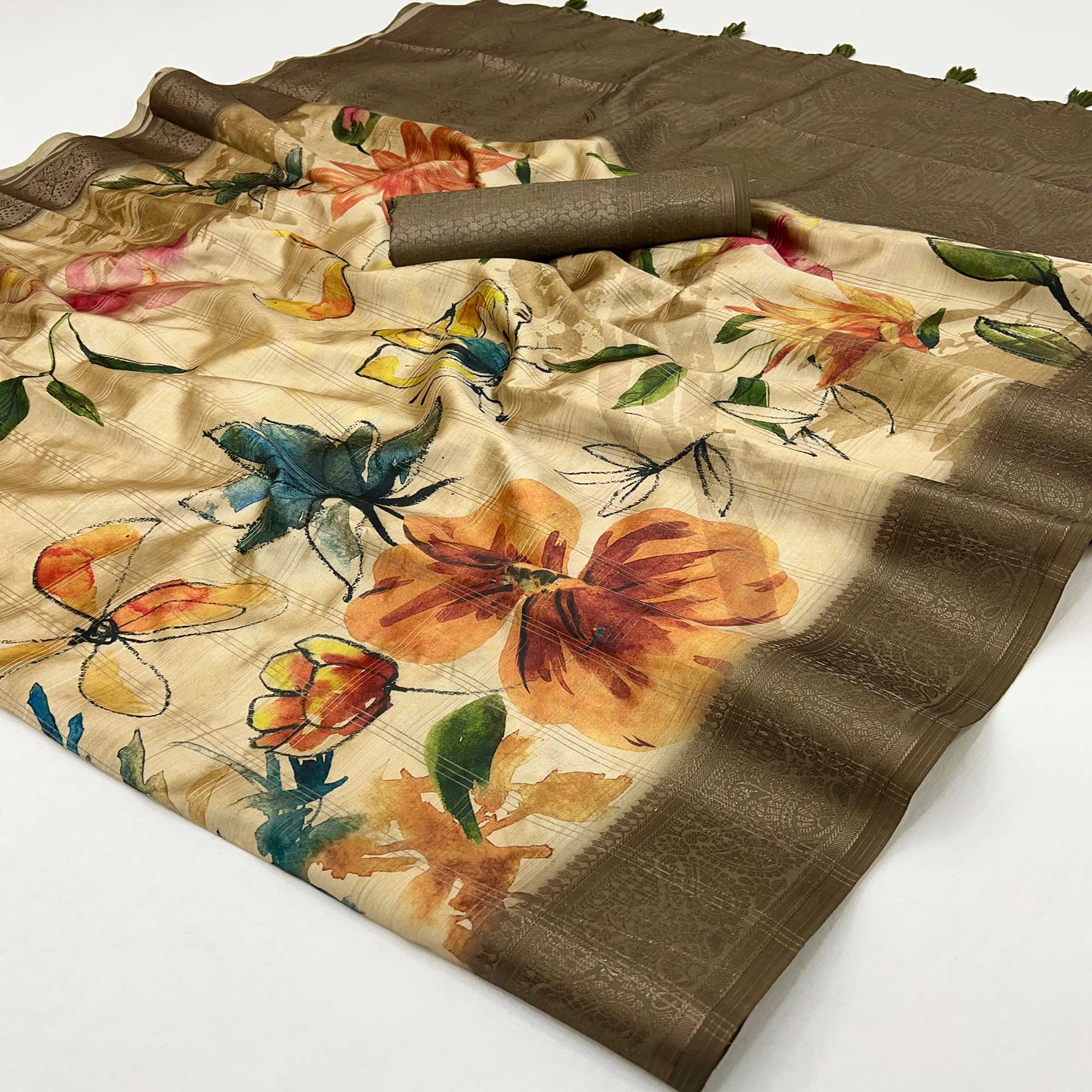 Stylish Cotton Silk Saree in Beige with Digital Printed and Weaving Border