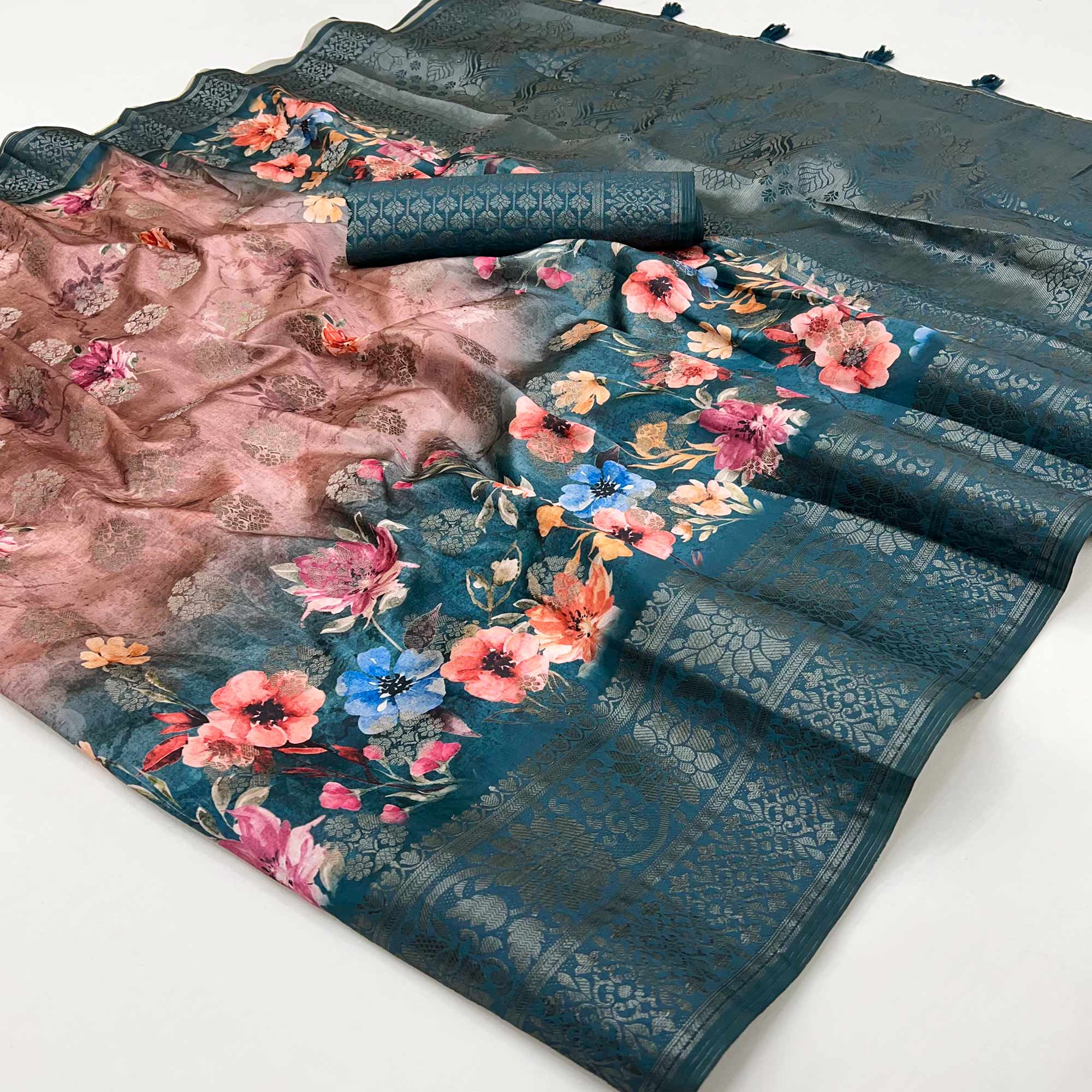 Stylish Cotton Silk Saree in Peach & Teal with Digital Printed and Weaving Border