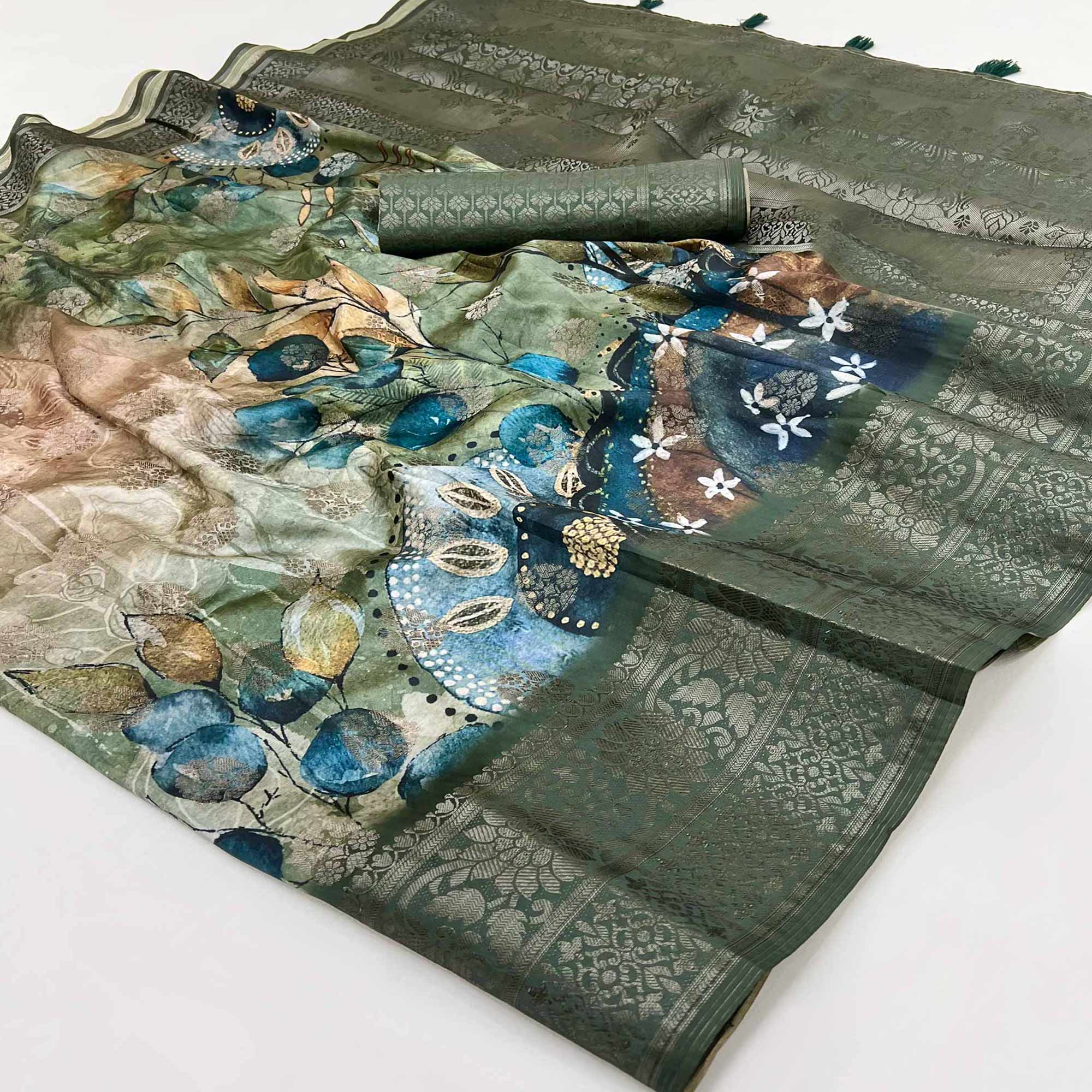 Stylish Cotton Silk Saree in Dusty Green with Digital Printed and Weaving Border