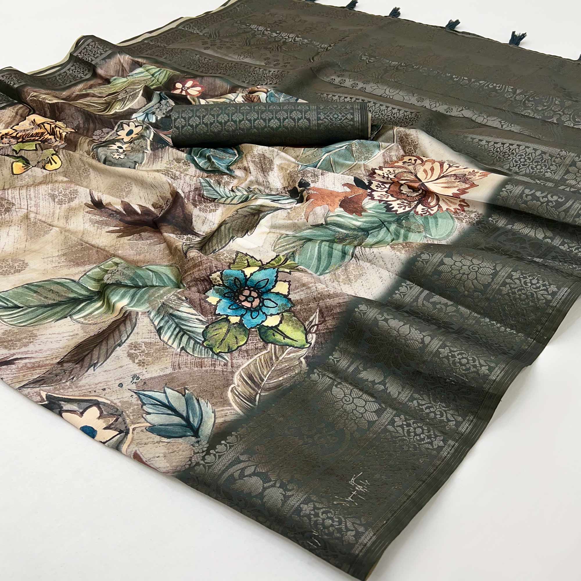 Stylish Cotton Silk Saree in Green with Digital Printed and Weaving Border