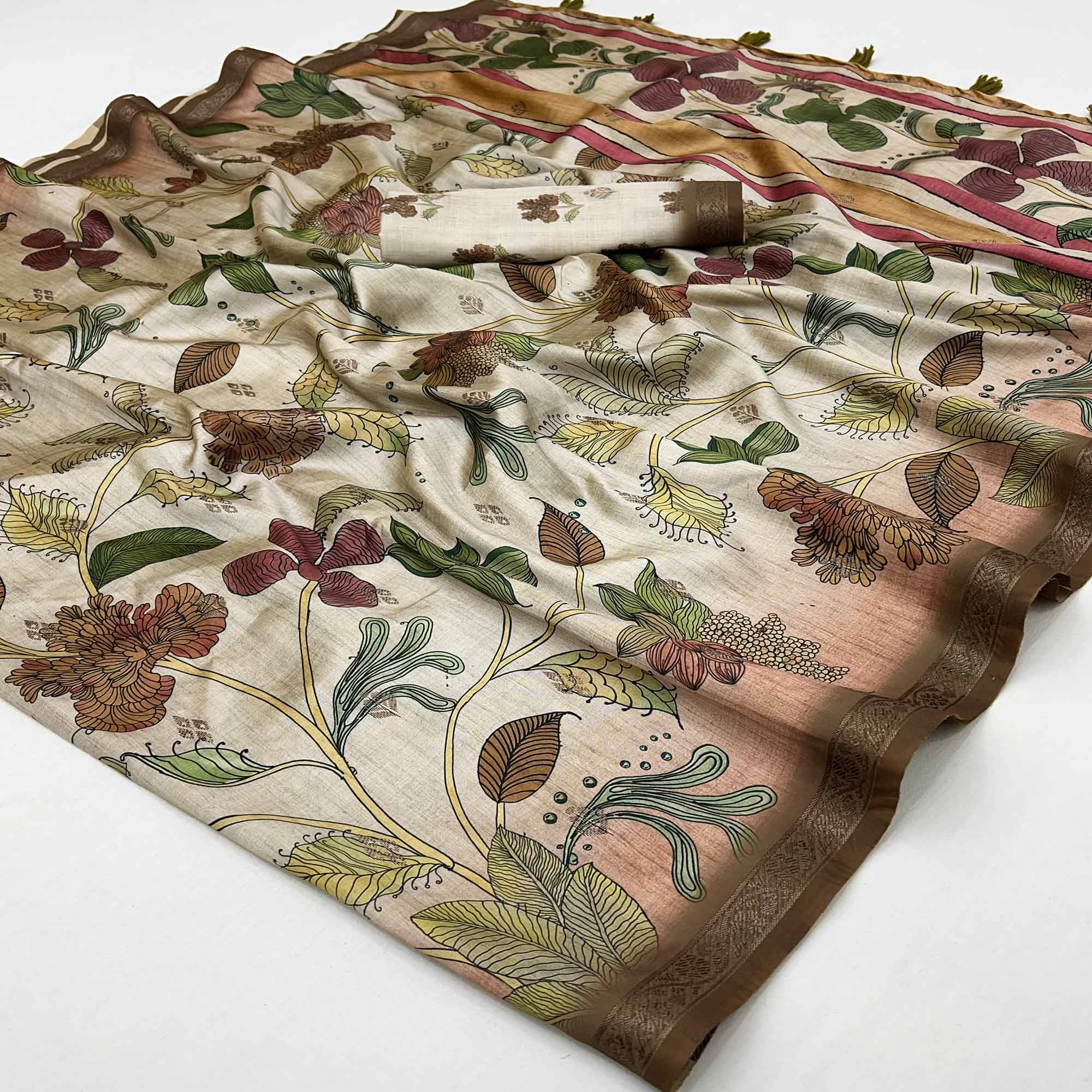 Graceful Beige Cotton Silk Saree with Artistic Florals Print & Weaving Detail
