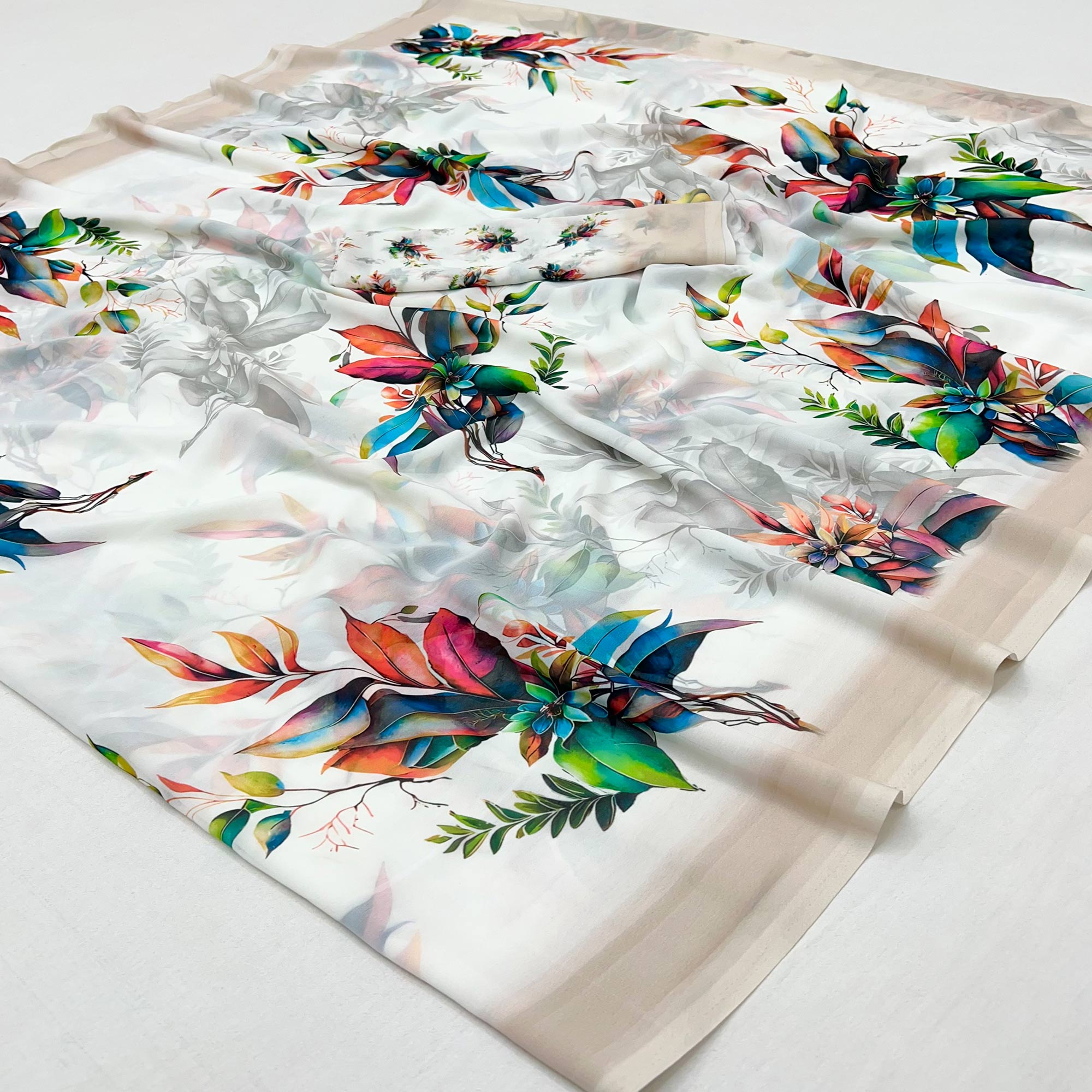 White Floral Printed Saree in Flowing Georgette Fabric