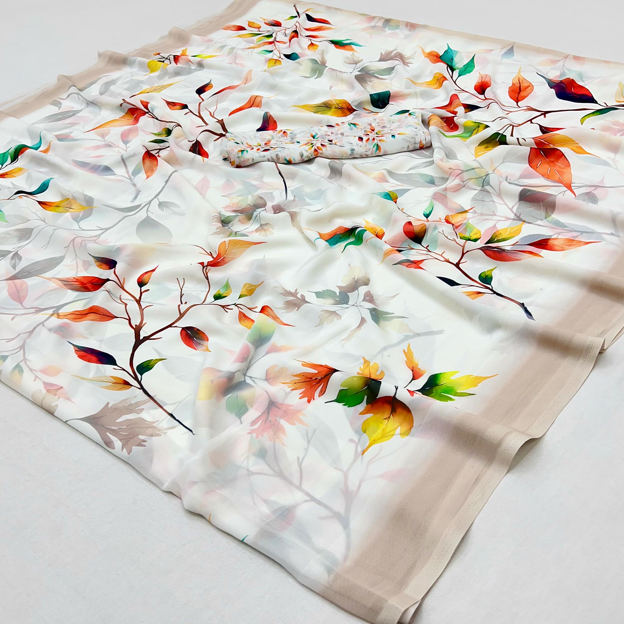 White Floral Printed Saree in Flowing Georgette Fabric