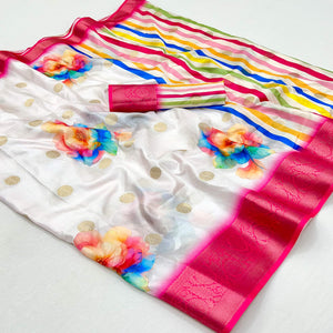 White Floral Patterned Smooth Dola Silken Drape Featuring Zari Border