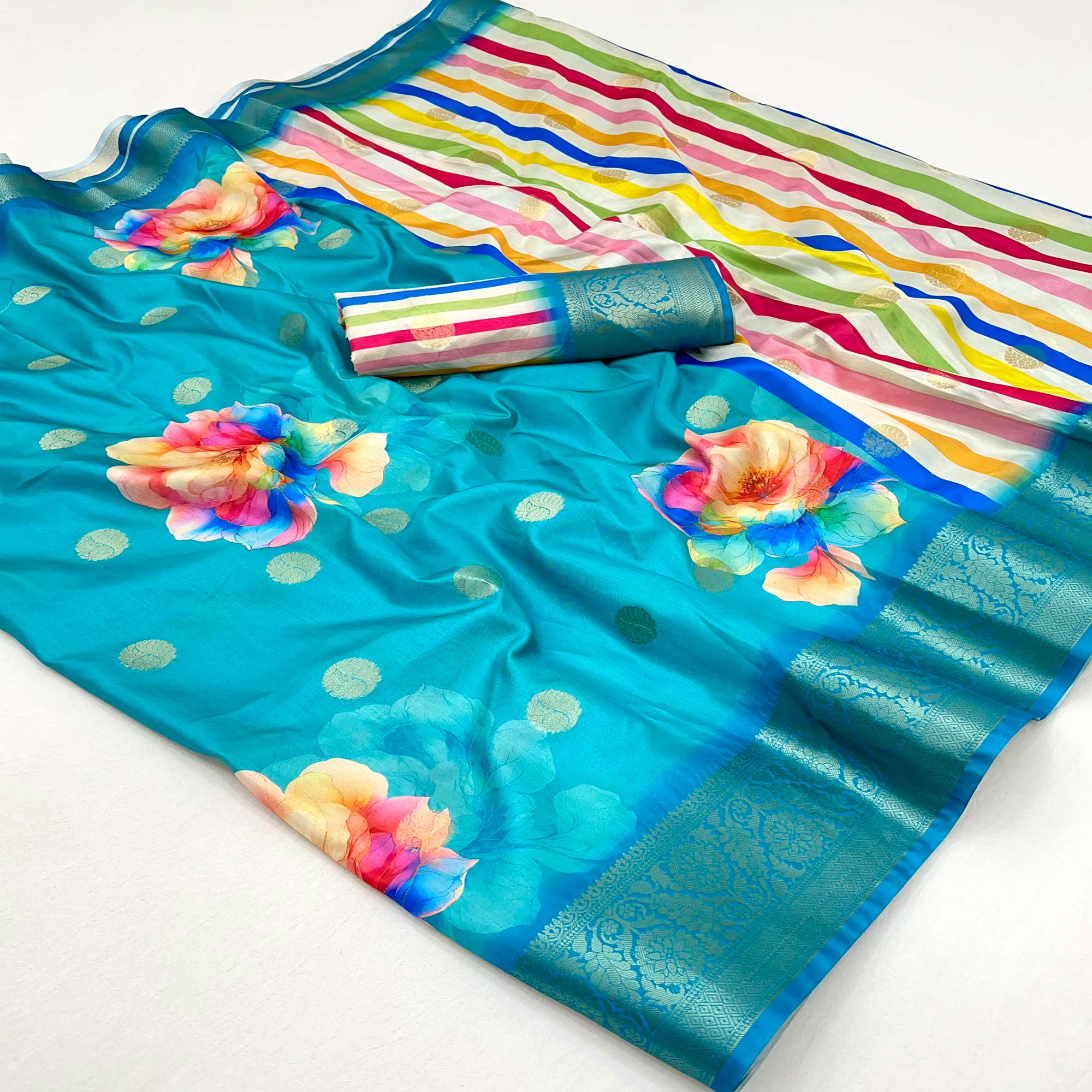 Teal Floral Patterned Smooth Dola Silken Drape Featuring Zari Border