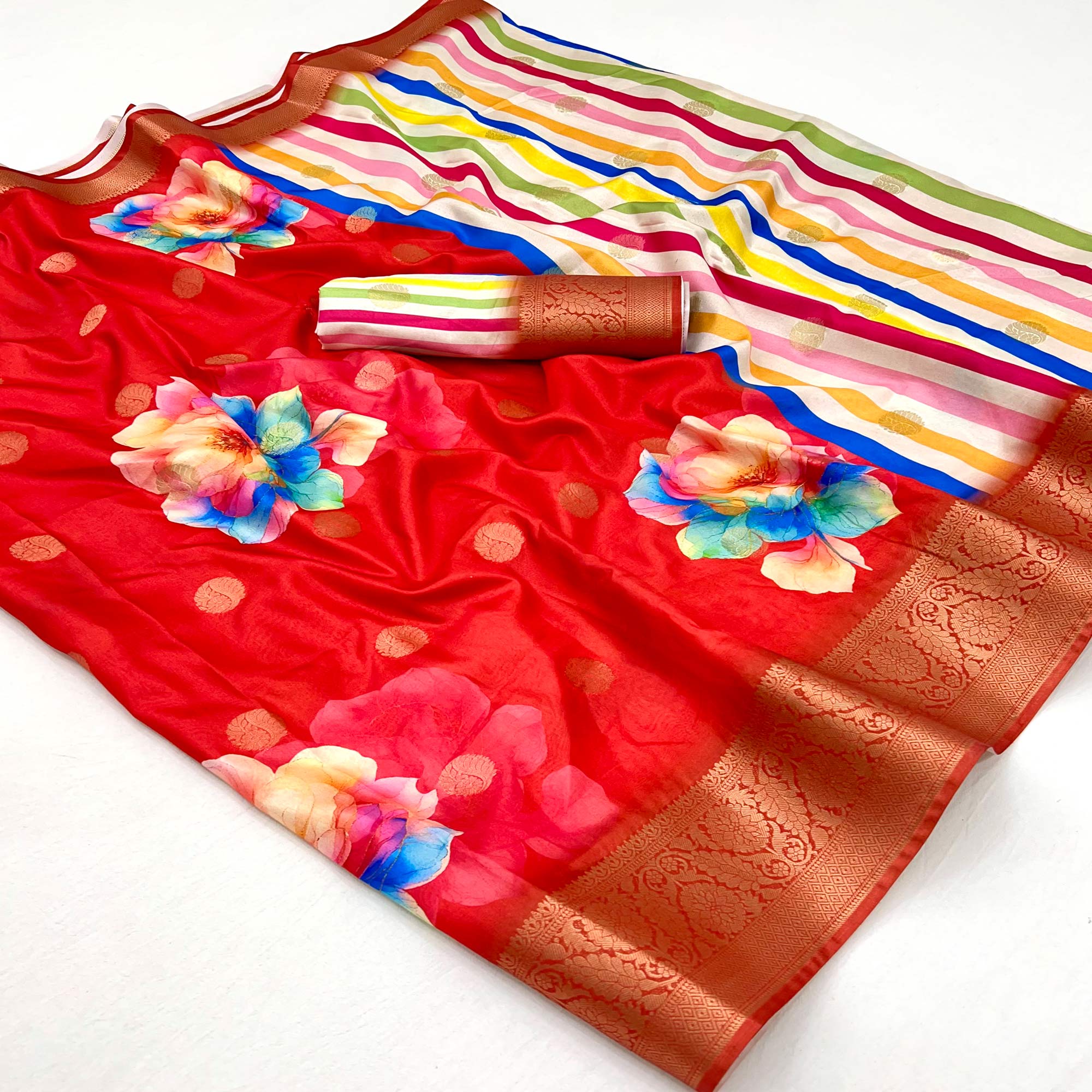 Red Floral Patterned Smooth Dola Silken Drape Featuring Zari Border