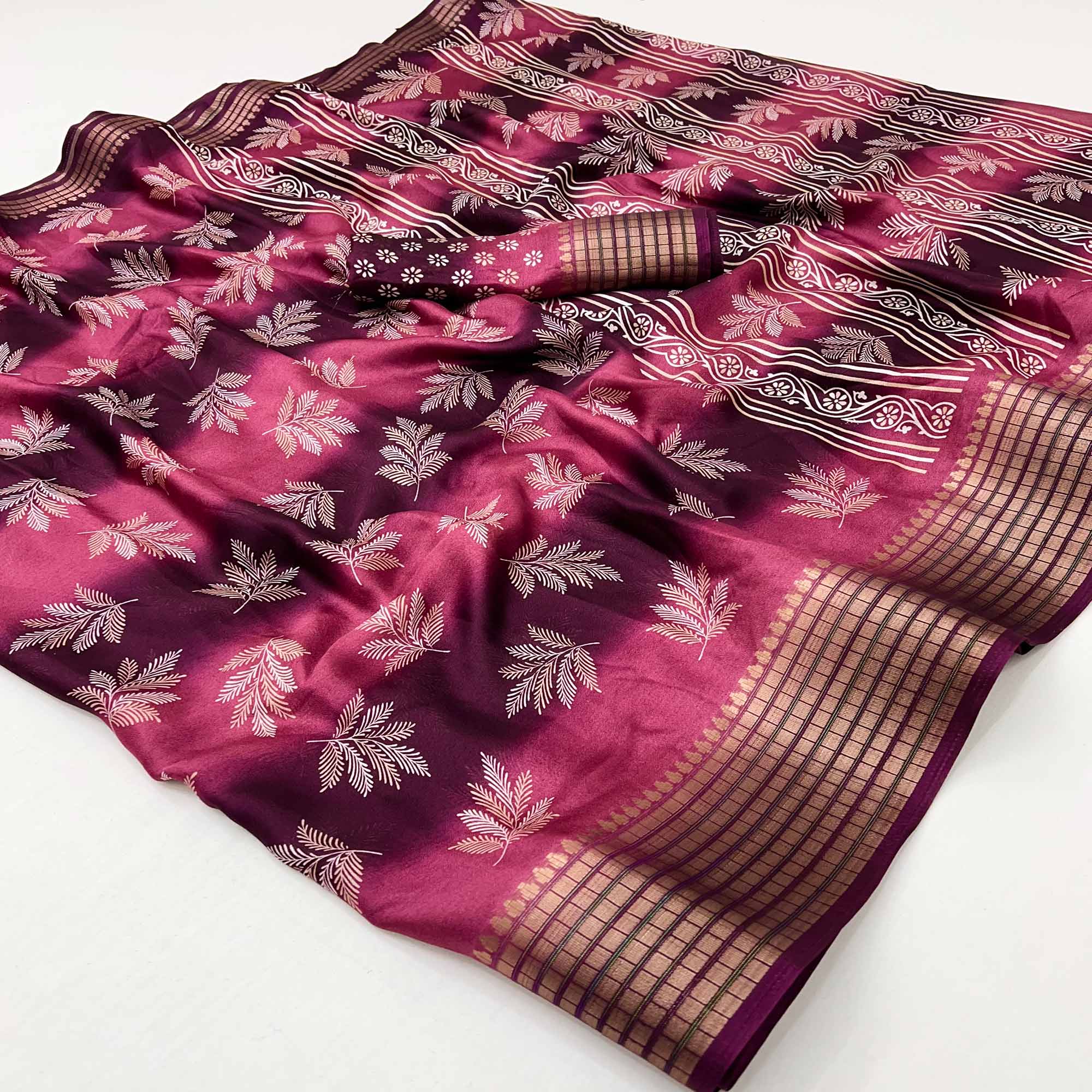 Wine Floral Printed Georgette Saree Featuring Weaving Border Design