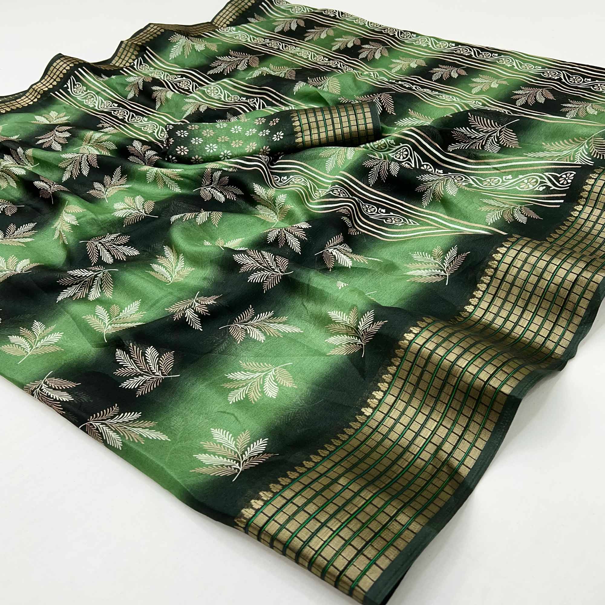 Green Floral Printed Georgette Saree Featuring Weaving Border Design