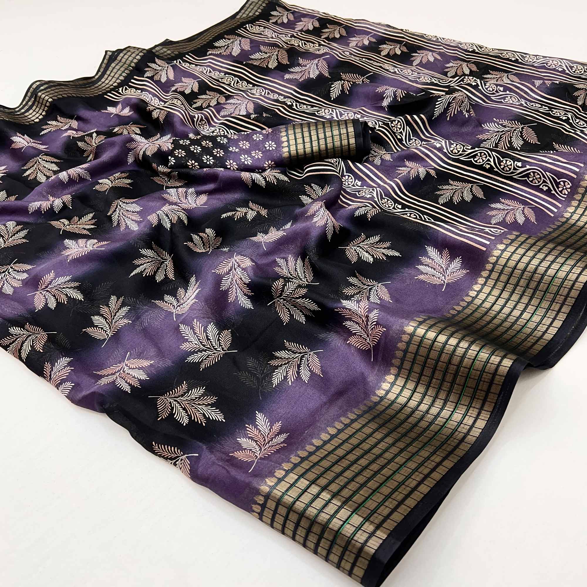 Purple Floral Printed Georgette Saree Featuring Weaving Border Design